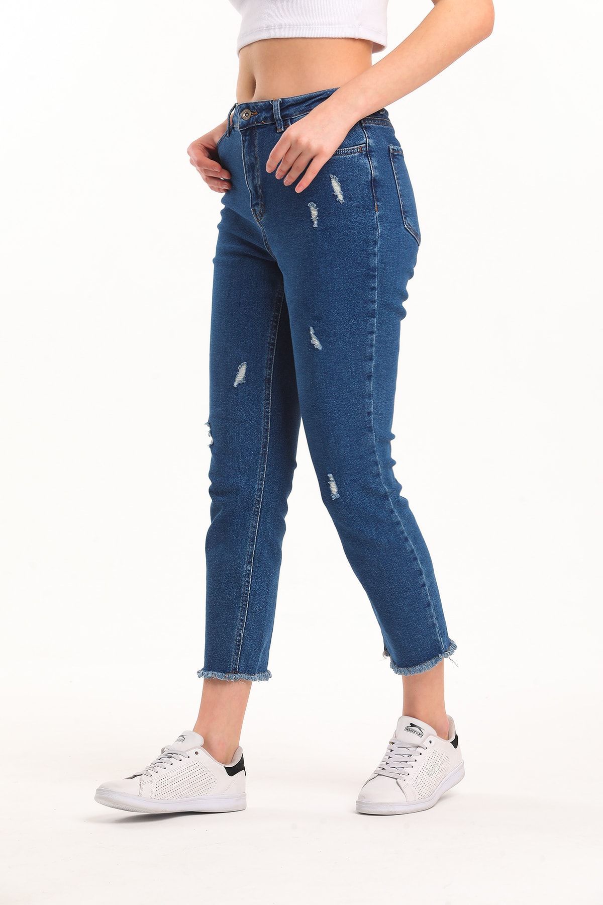MODASMA Indigo Mavi Yıpratmalı Yüksek Bel Yıkamalı Mom Jeans