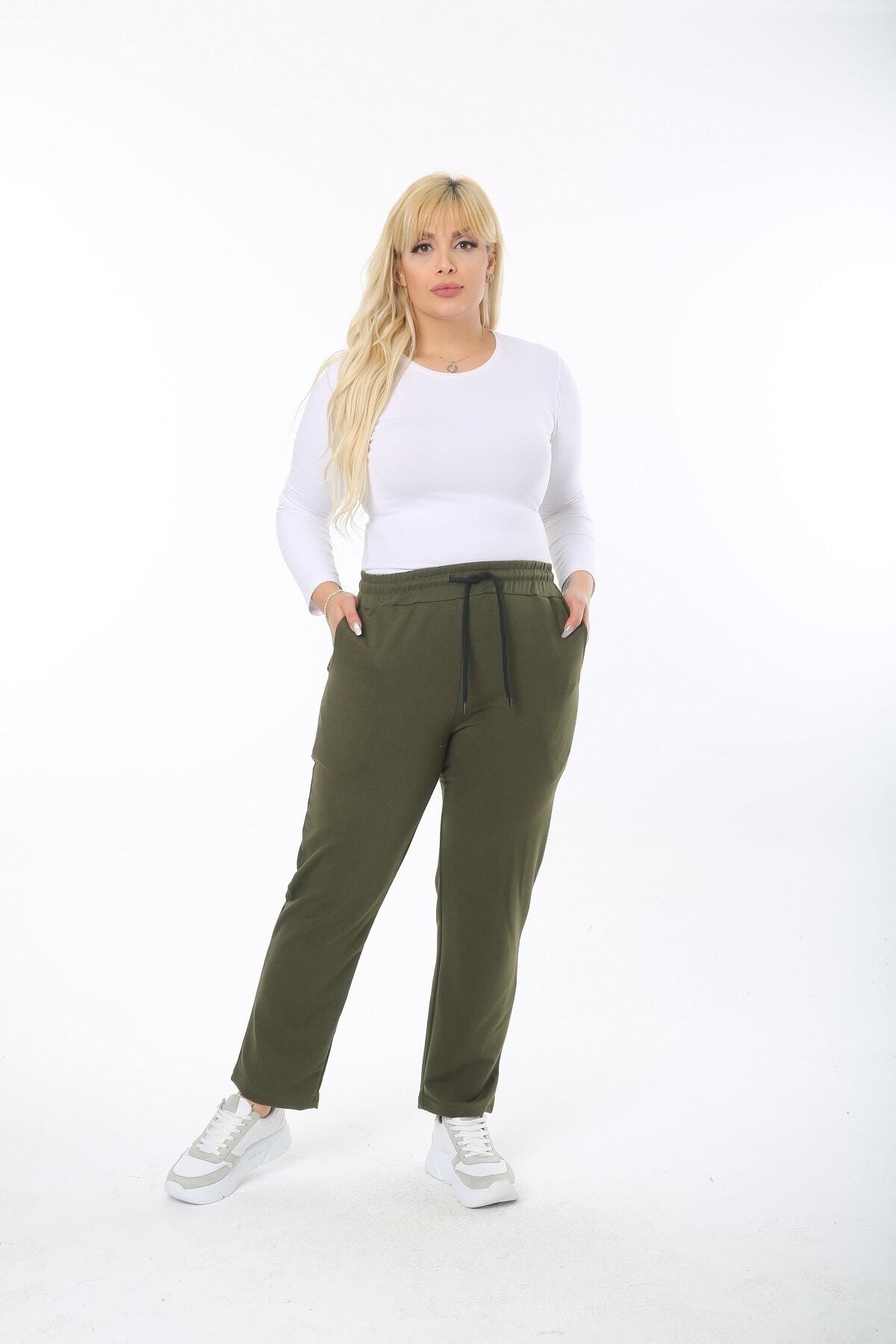 Butik Şımarık Kadın Büyük Beden Basic Boru Paça Haki Renk Iki Iplik Pamuklu Kumaş Eşofman Altı