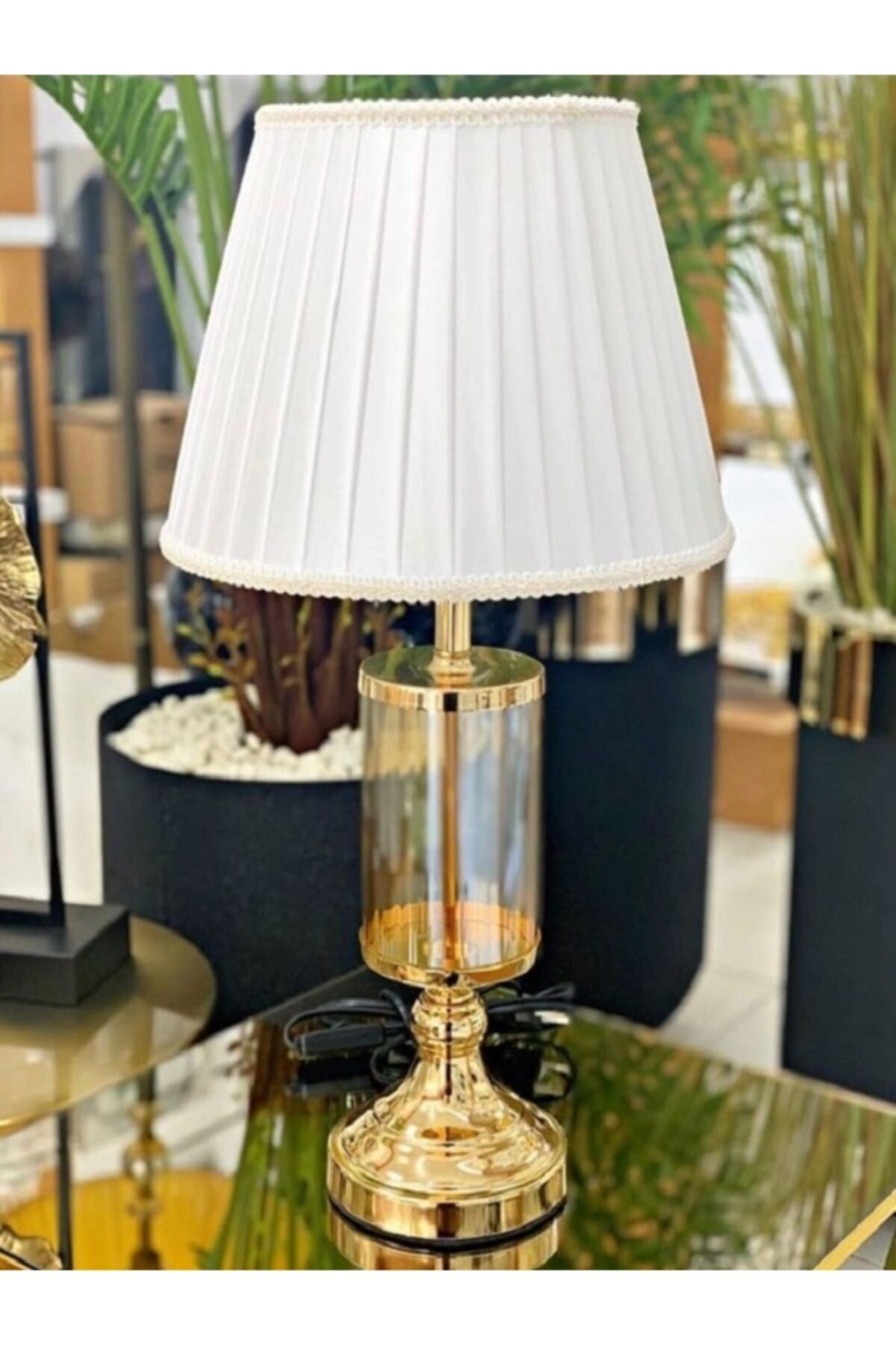Housess Lüx Beyaz Gold Kristal Taşlı Abajur