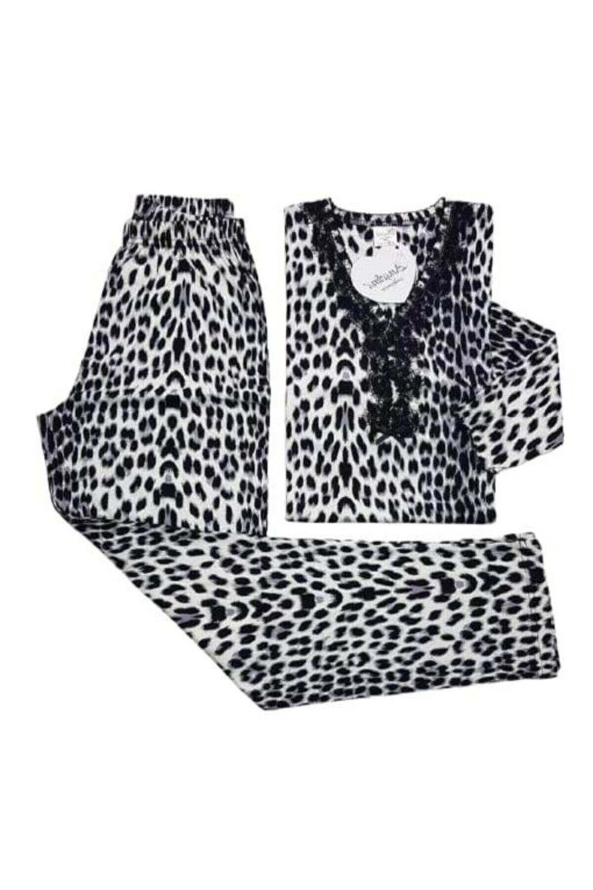 ANGELİNA Yarım Düğmeli Pamuk Pijama Takımı Leopar Siyah Beyaz