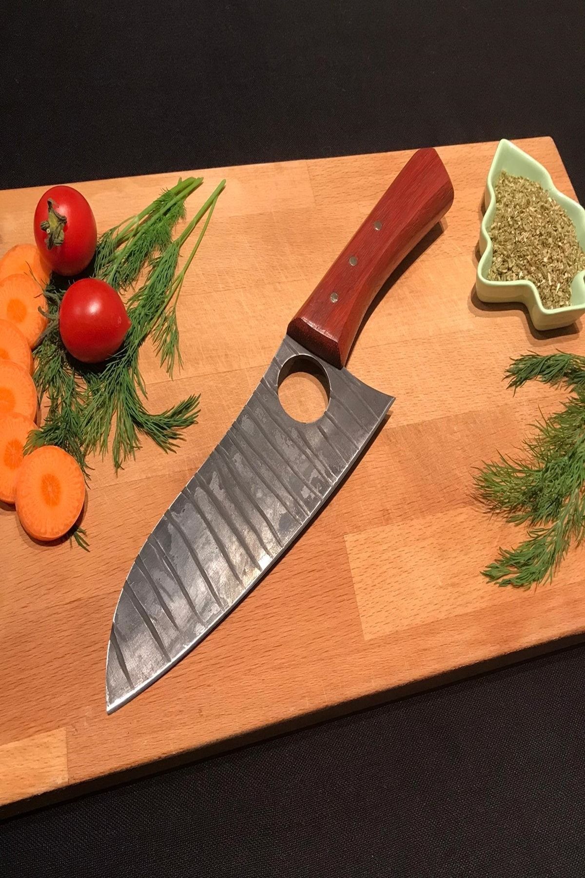 gurup inoks Özel El Yapımı Dövme Çelik Santoku Bıçak Delikli