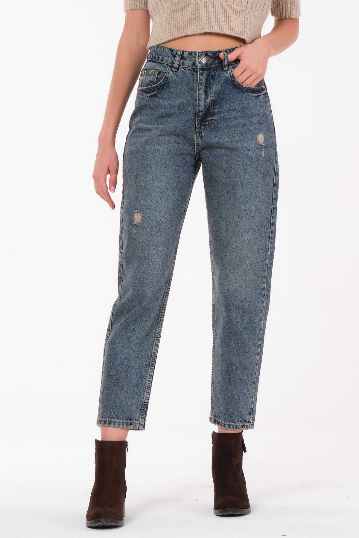 its basic Mercan Kadın Yırtık Tint Renk Lazer Detaylı Mom Fit Yüksek Bel Jean