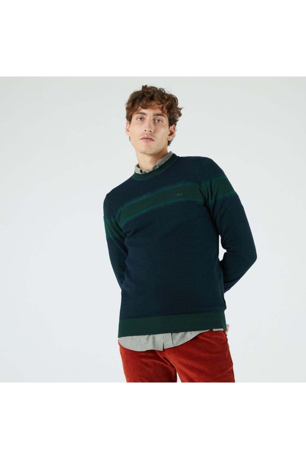 Lacoste Erkek Regular Fit Bisiklet Yaka Renk Bloklu Yeşil Kazak