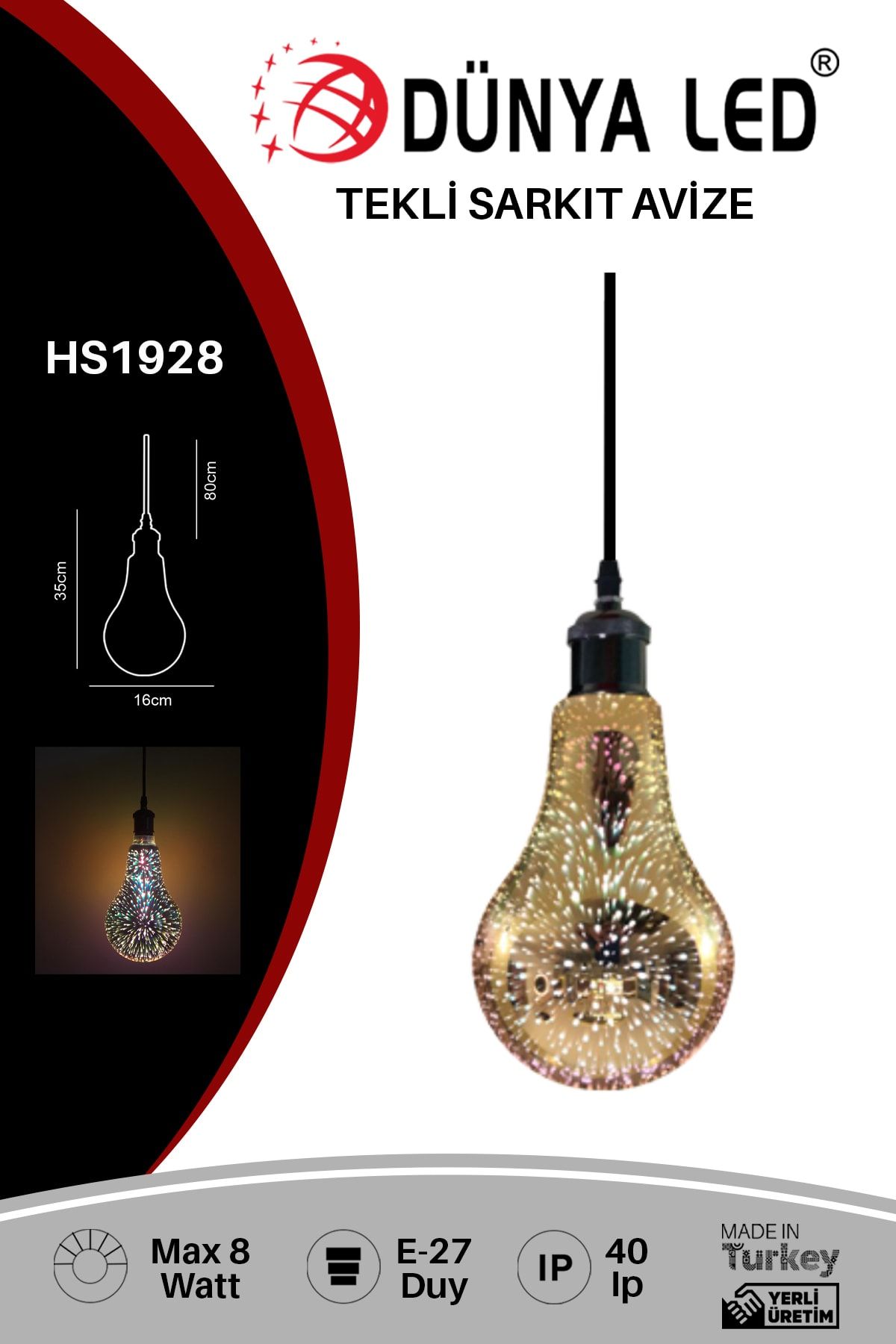 DÜNYA LED Hs.1928 3d Cam Sarkıt Avize Salon Cafe Çocuk Odası Hol Ofis Aydınlatması