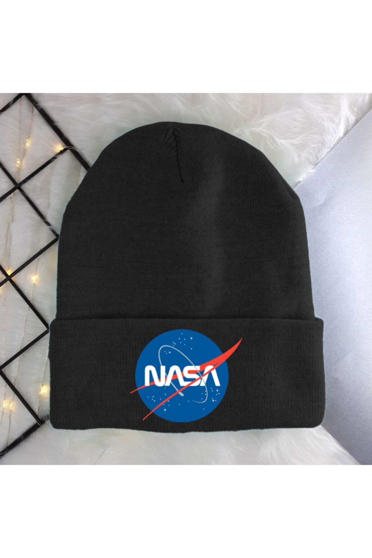 mubay design Unisex Baskılı Nasa Logolu Siyah Basic Bere