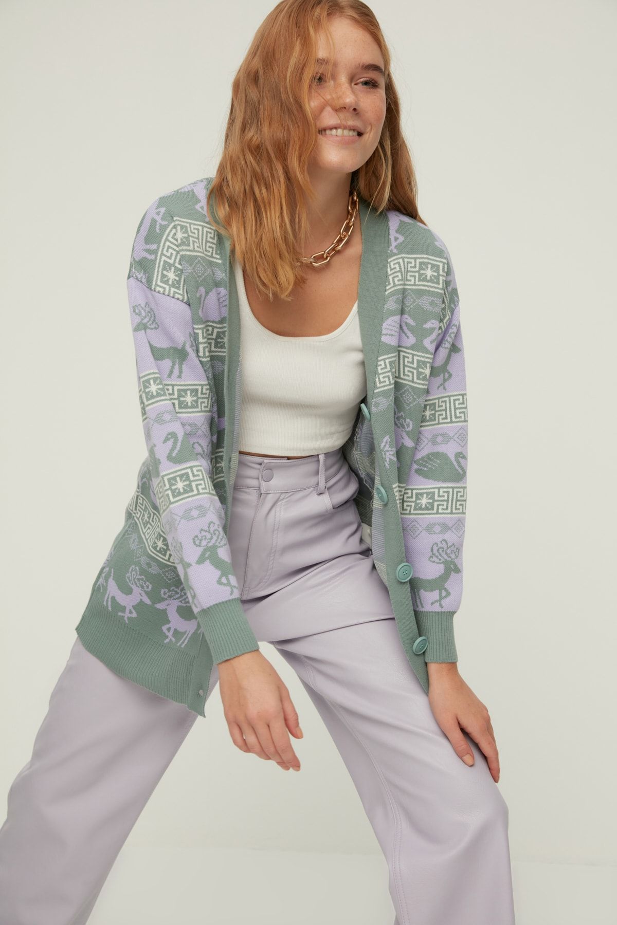 TRENDYOLMİLLA Mint Oversize Jakarlı Triko Hırka TWOAW22HI1390
