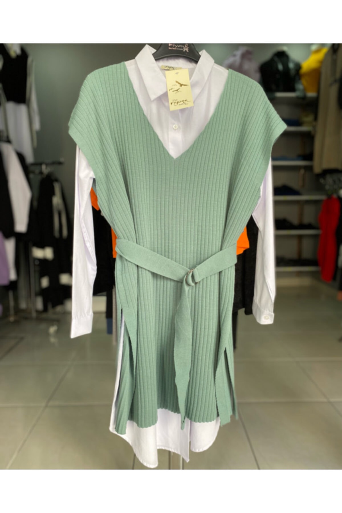 FİYONK Kadın Süveter Belden Bağlamalı Su Yeşili