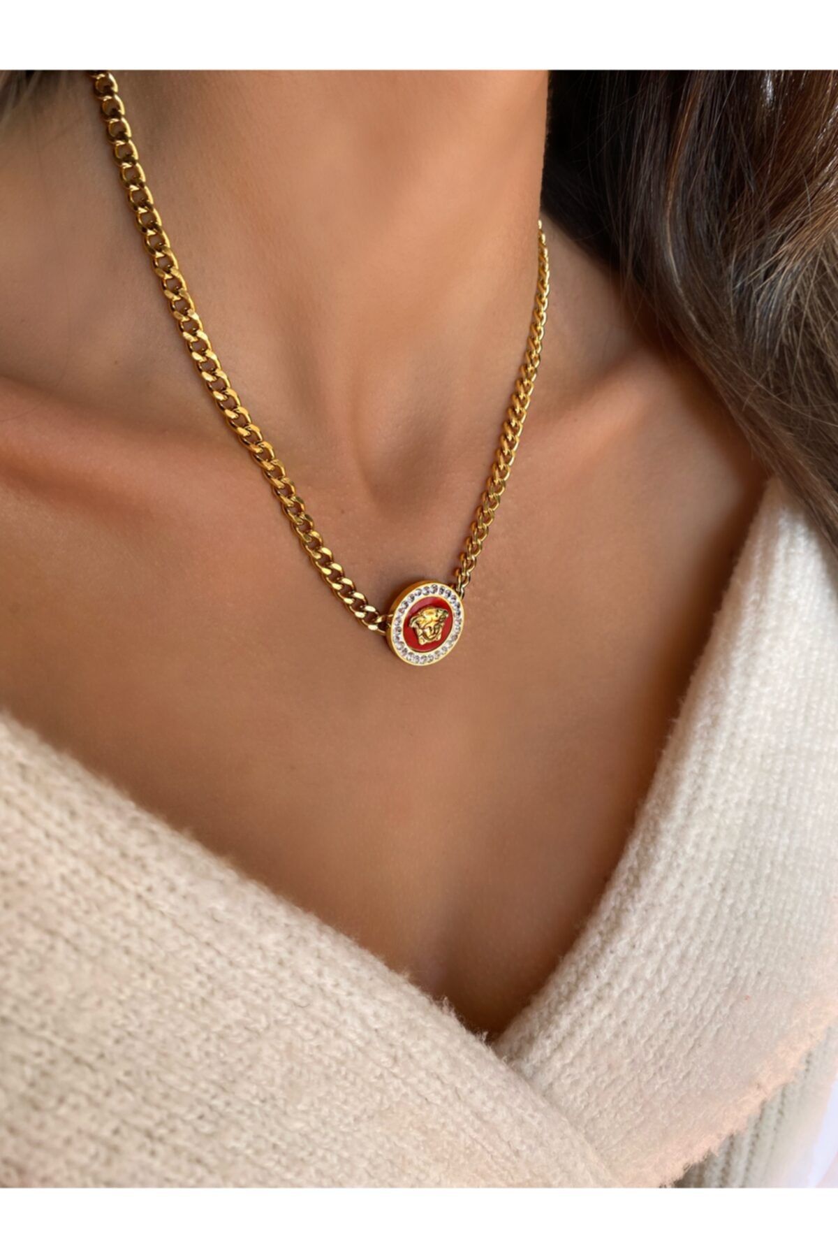 Takı Noktası Altın Versace Model Çelik Genç Yetişkin Kadın Kolye
