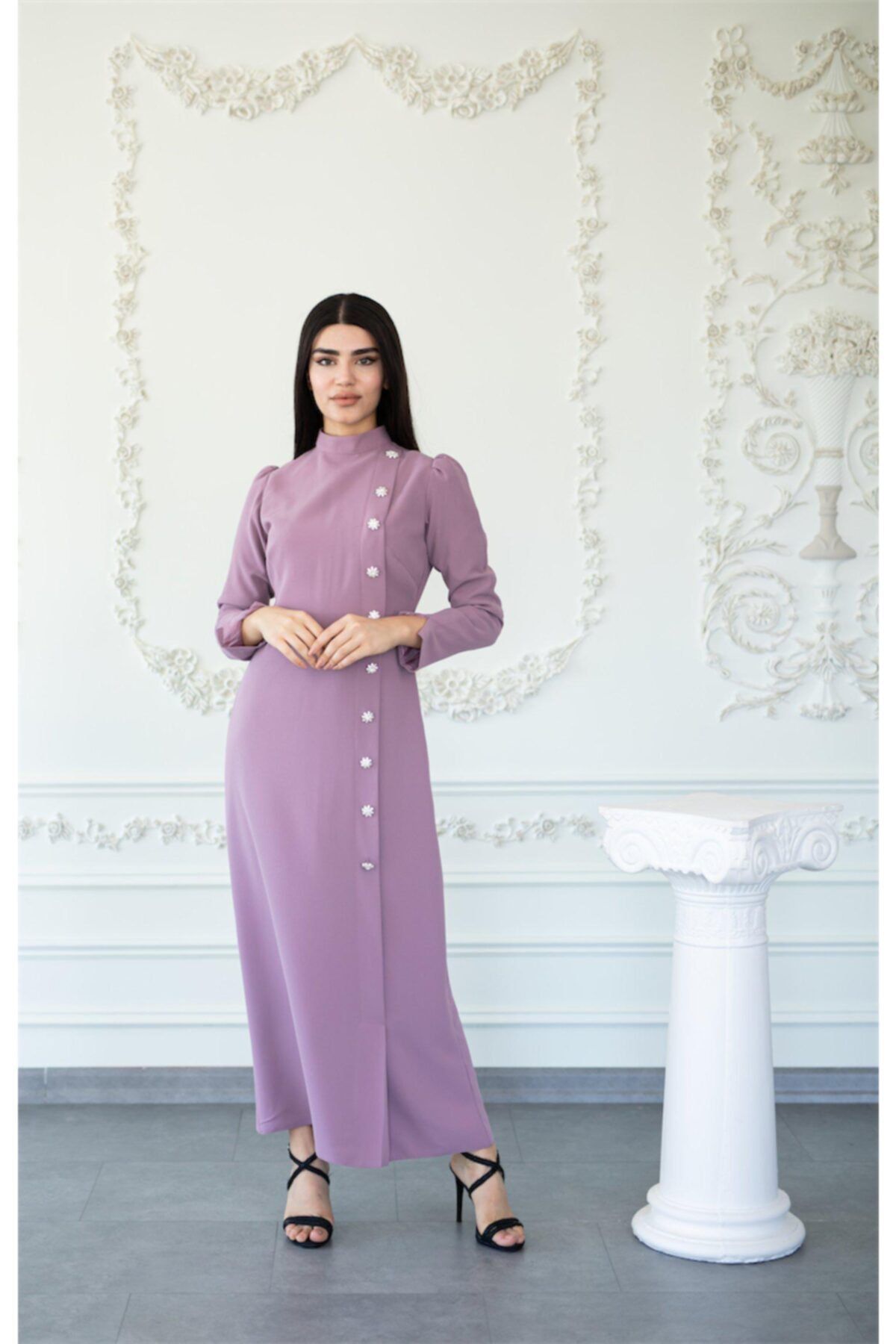 Ahunare Kristal Kalem Elbise - Gül