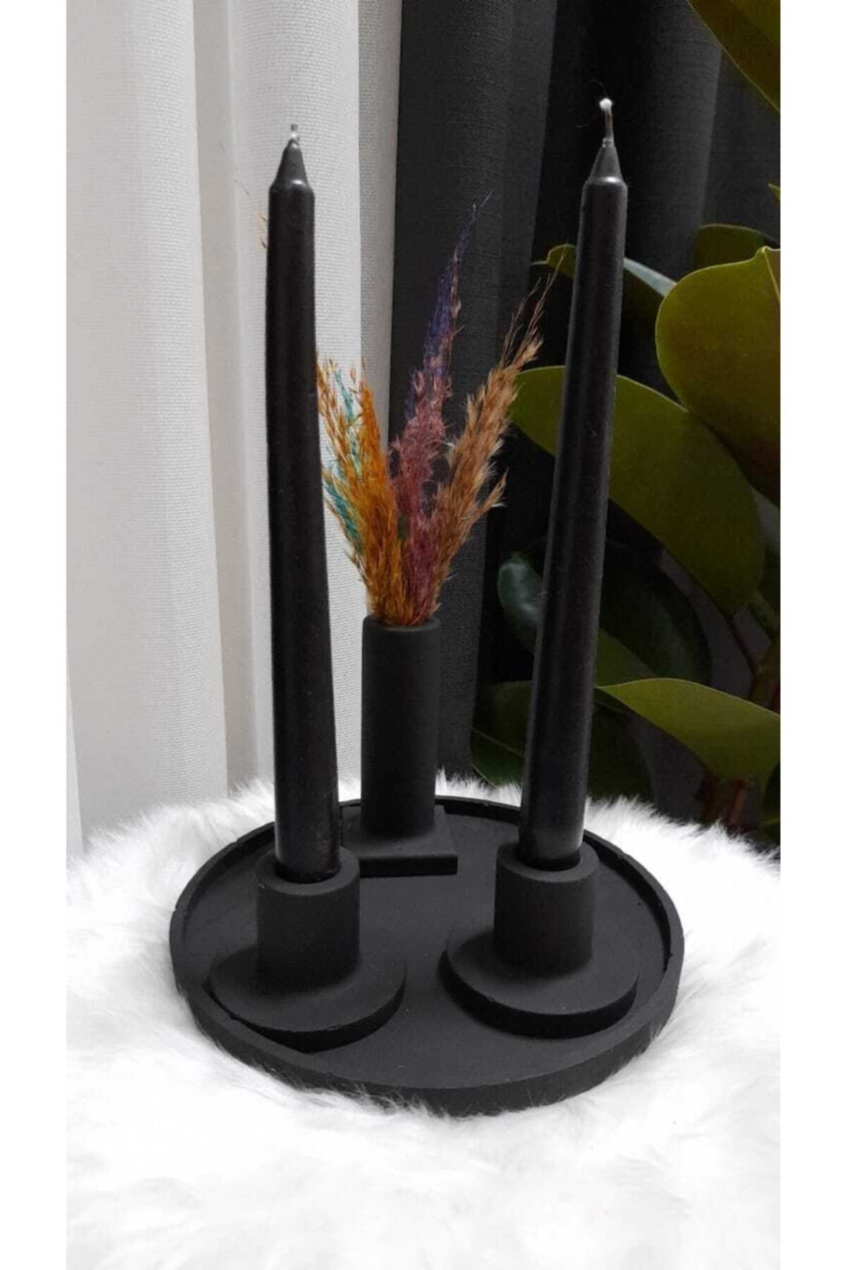 Dudo Baby 2'li Şamdan Mumluk Ve Çiçekli Vazo Yuvarlak Sunum Tepsi Içerisinde