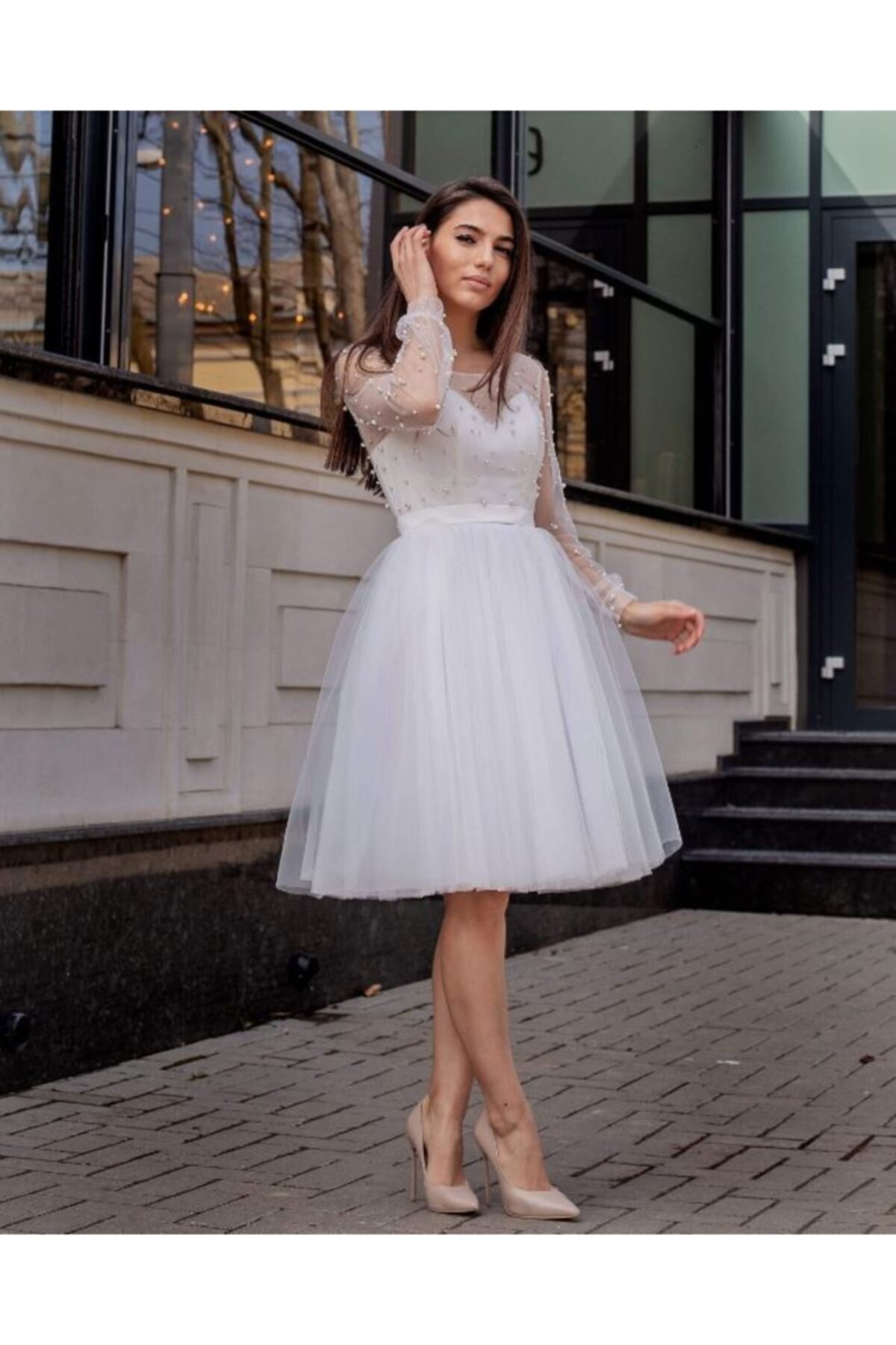 LORİA Inci Detay Beyaz Abiye Nikah Elbise