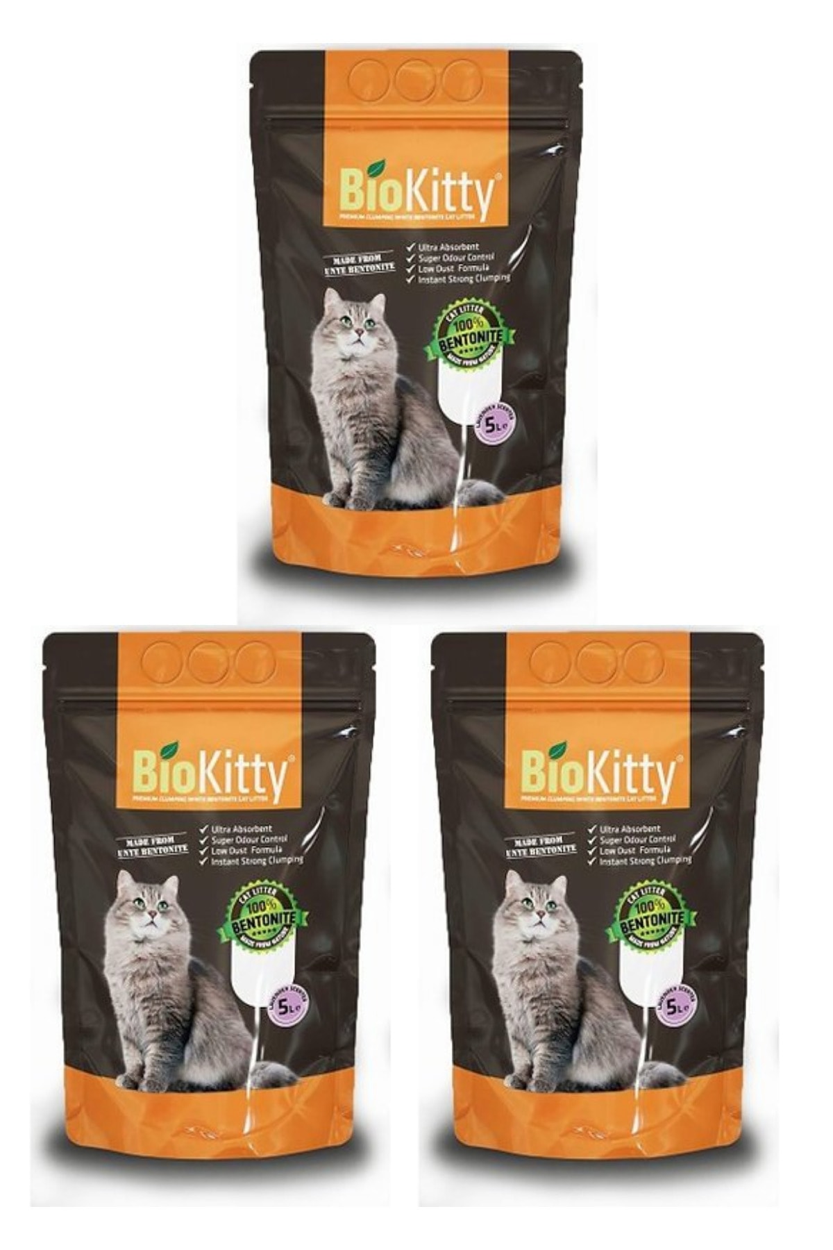 BioKitty Topaklanan Bentonit Ince Taneli Lavanta Kokulu Premium Kedi Kumu 5 Lt. X 3ad