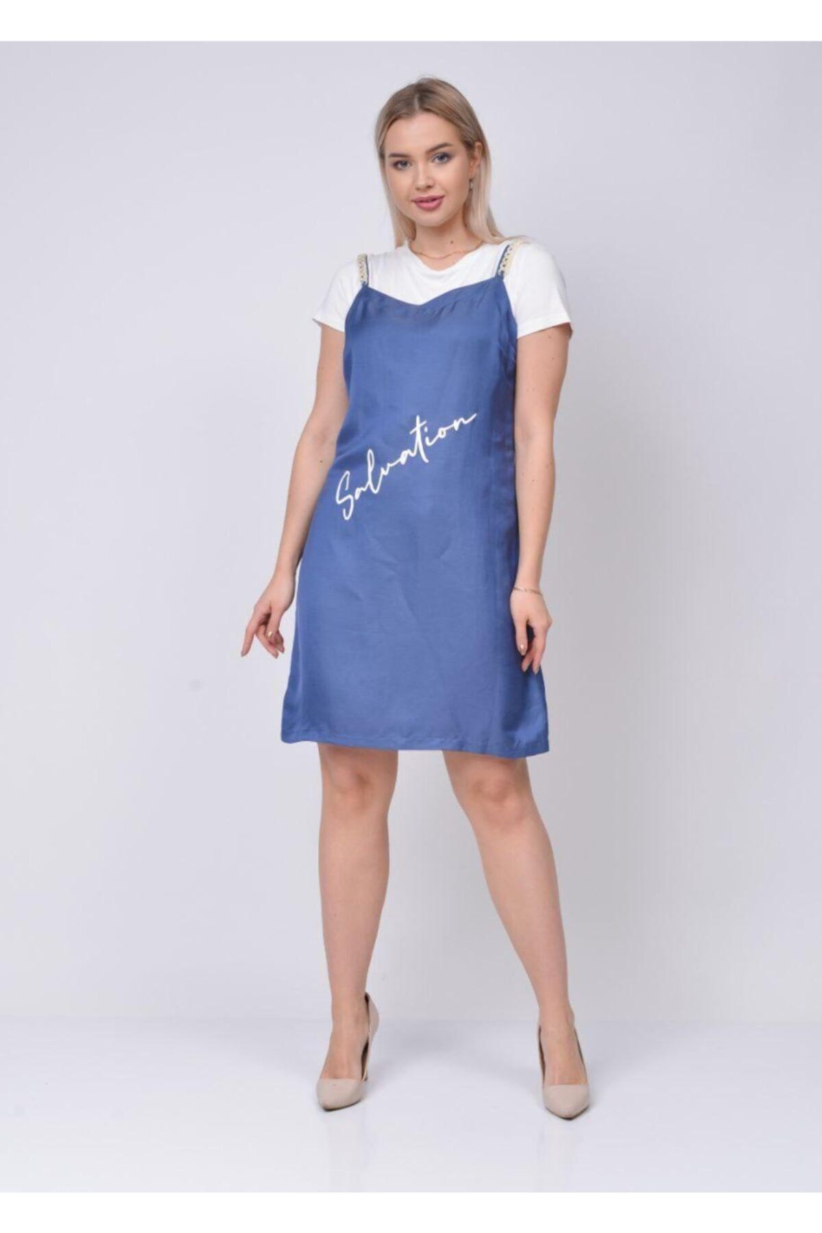 Alta Moda Kadın Indigo Saten Kumaş Zincir Askı Detaylı Tişört Takım Elbise