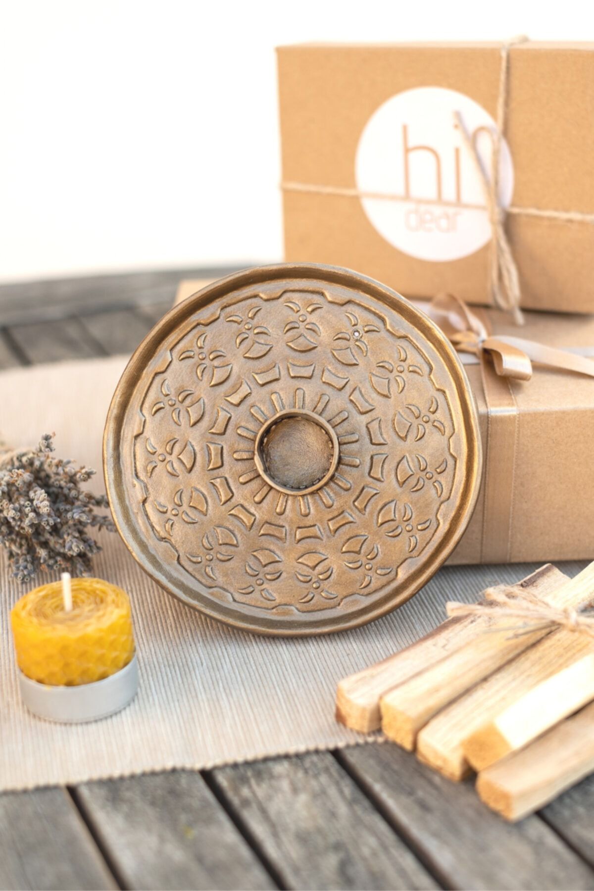 hi dear design | 5 Adet Palo Santo ve El Yapımı Seramik Palo Santo Tütsülük | Metalik Koyu Altın - Maya Serisi |