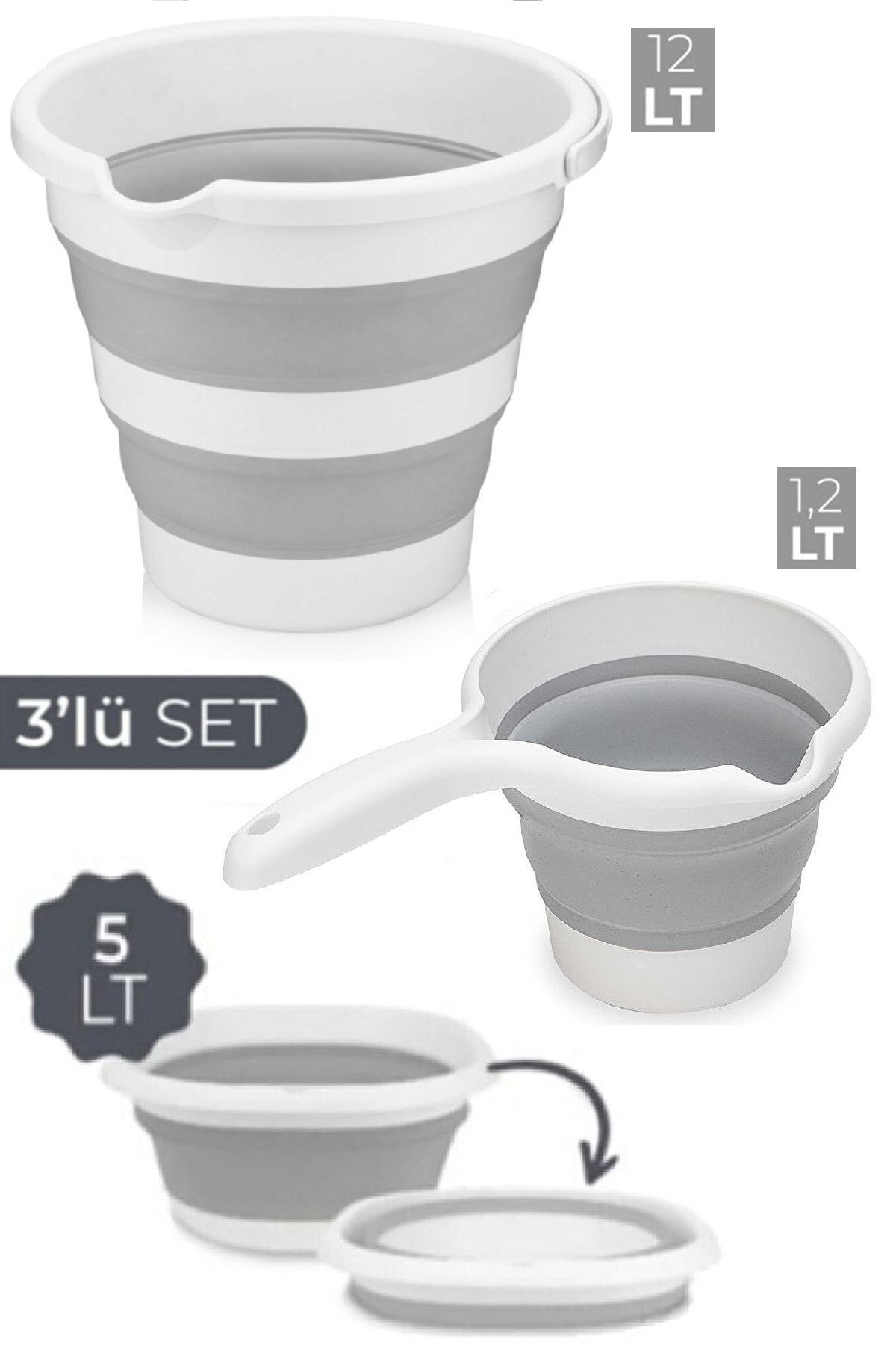 inteklife Pratik Katlanabilir Temizlik Seti Kova 12lt + Badya 5lt +maşrapa 1,2lt Gri