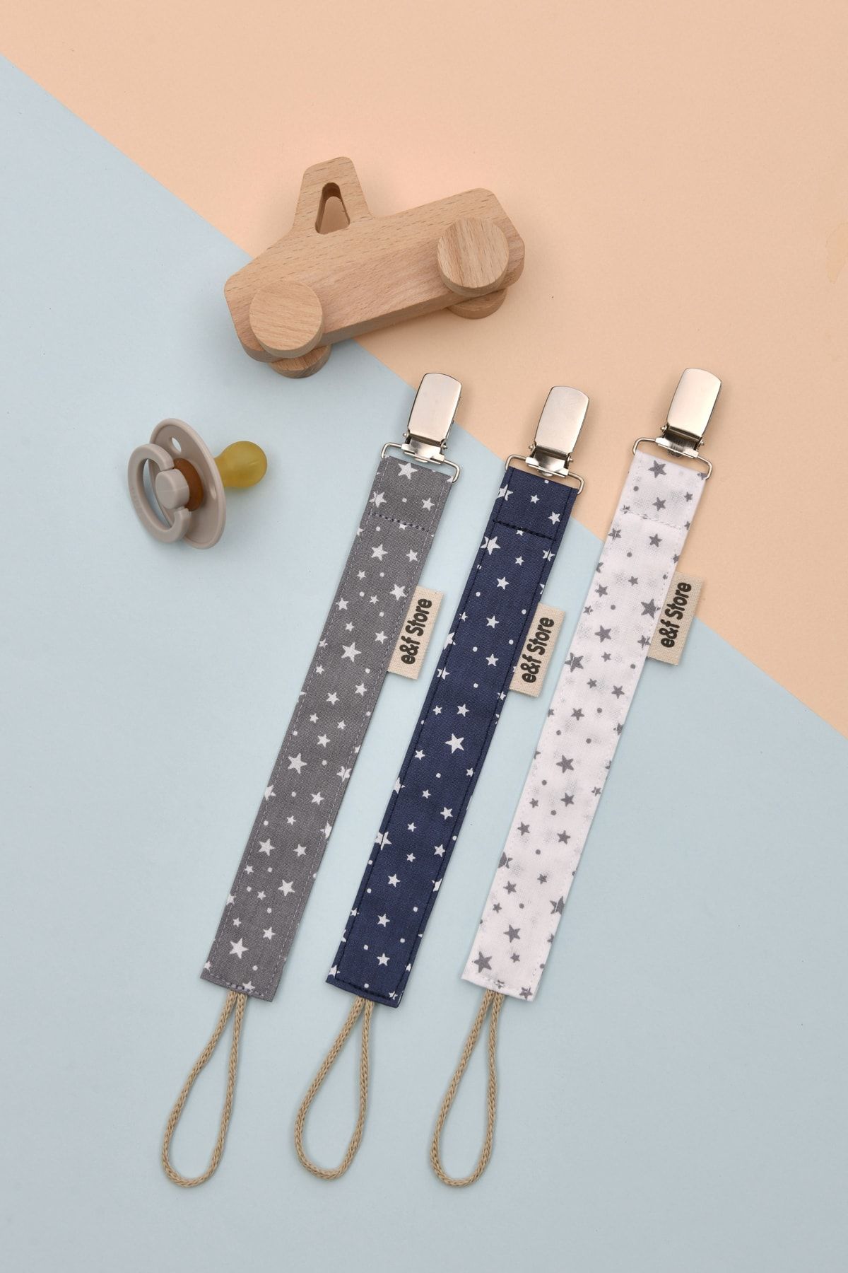 e&f Store Yıldız Desenli 3'lü Emzik Zinciri Seti - Sertifikalı Kumaşlı Emzik Askısı - Emzik Tutacağı