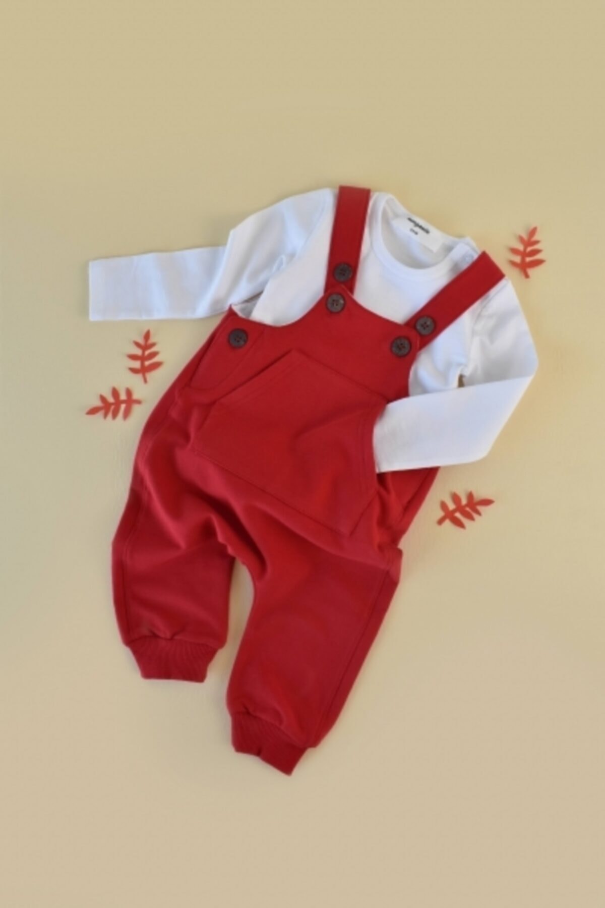 MORGANİTE Unisex Bebek Kırmızı Bahçıvan Tulum 2’li Takım