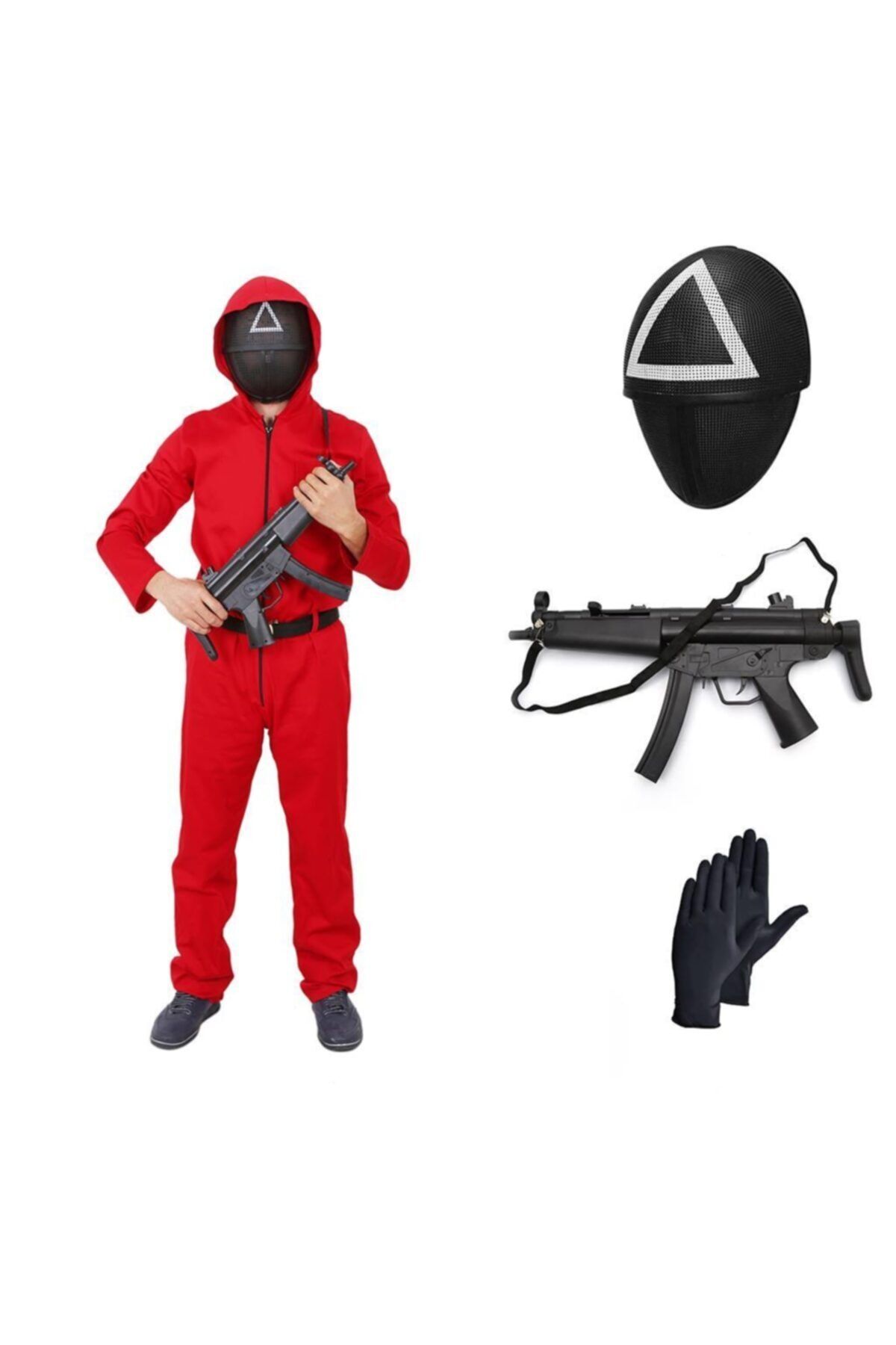 Mashotrend Üçgen Squid Game Kostüm + Oyuncak Tüfek - Asker Kostümü - Cosplay Squid Game Costume