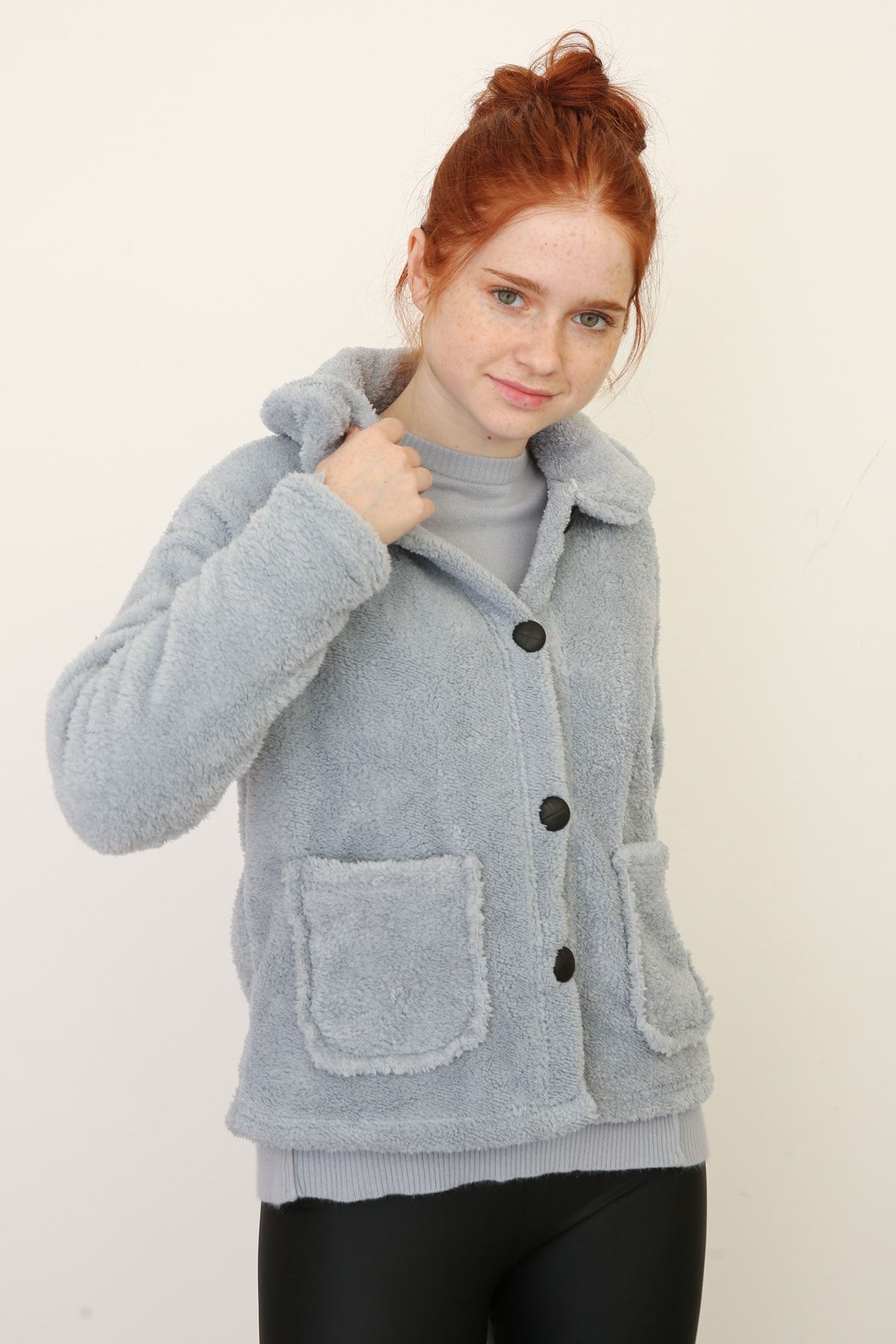 Ekrumoda Soft Mavi Gömlek Yaka Düğmeli Peluş Ceket