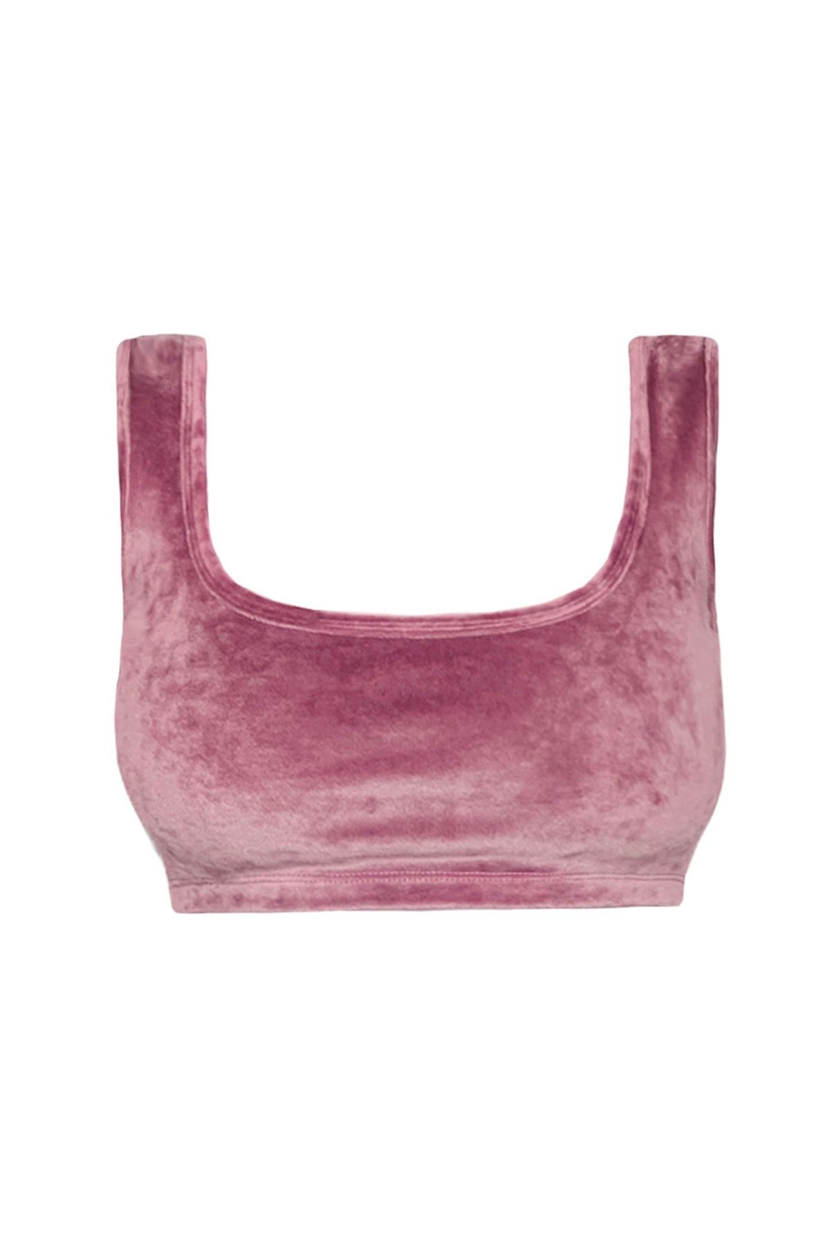 Whenever Company Gül Kurusu Pembe Rengi Kalın Askılı Ultra Soft Kadife Crop Büstiyer