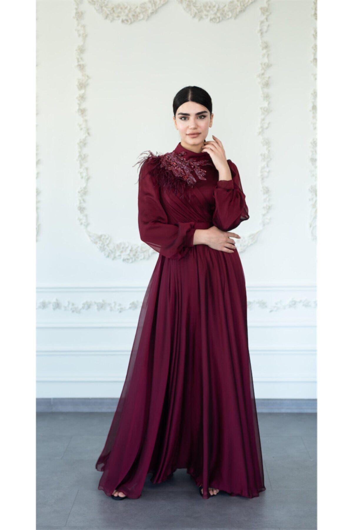 Ahunare Berivan Tesettür Abiye Bordo