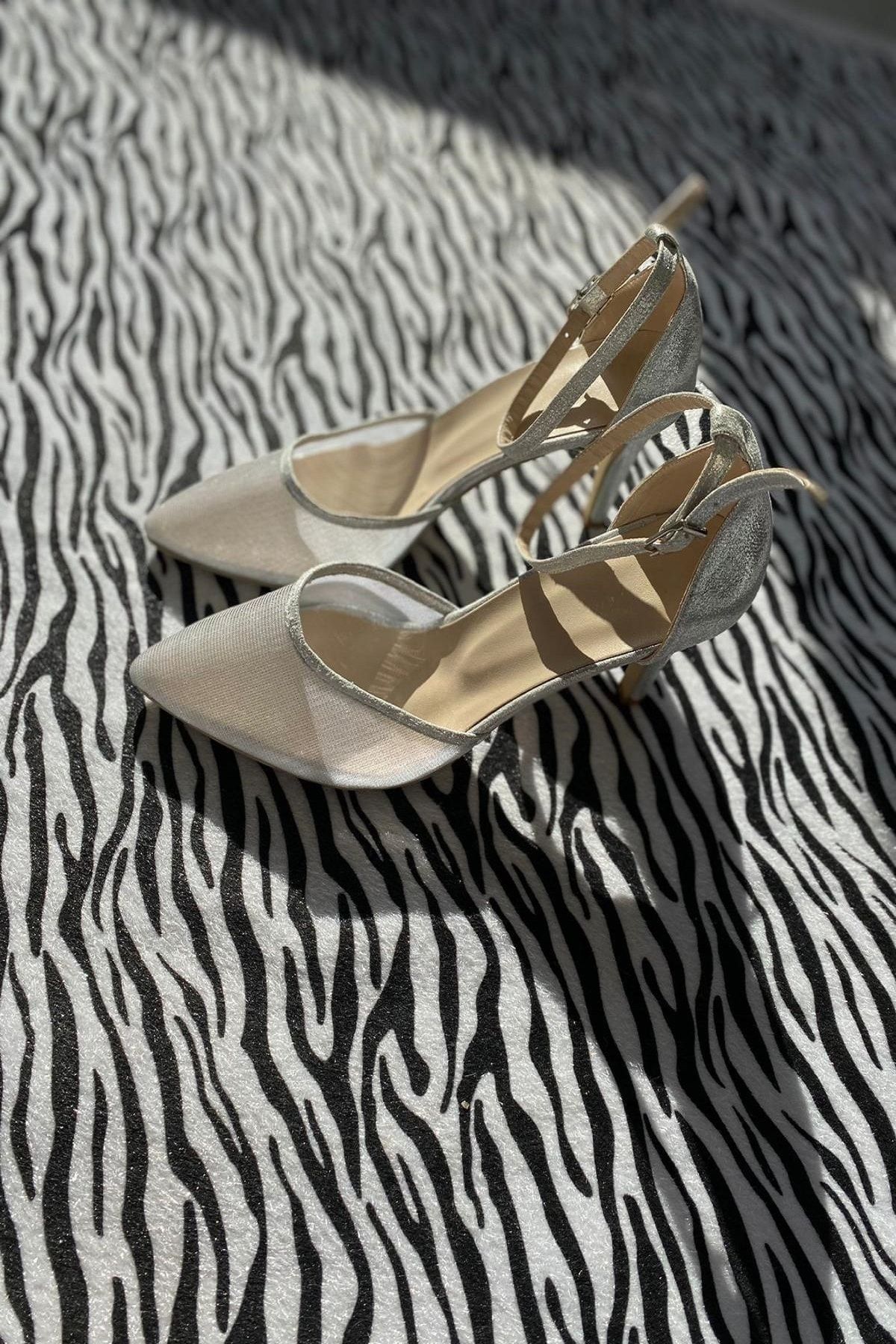 BirEylül Shoes Kadın Gri Sim Detaylı Abiye Topuklu Ayakkabı