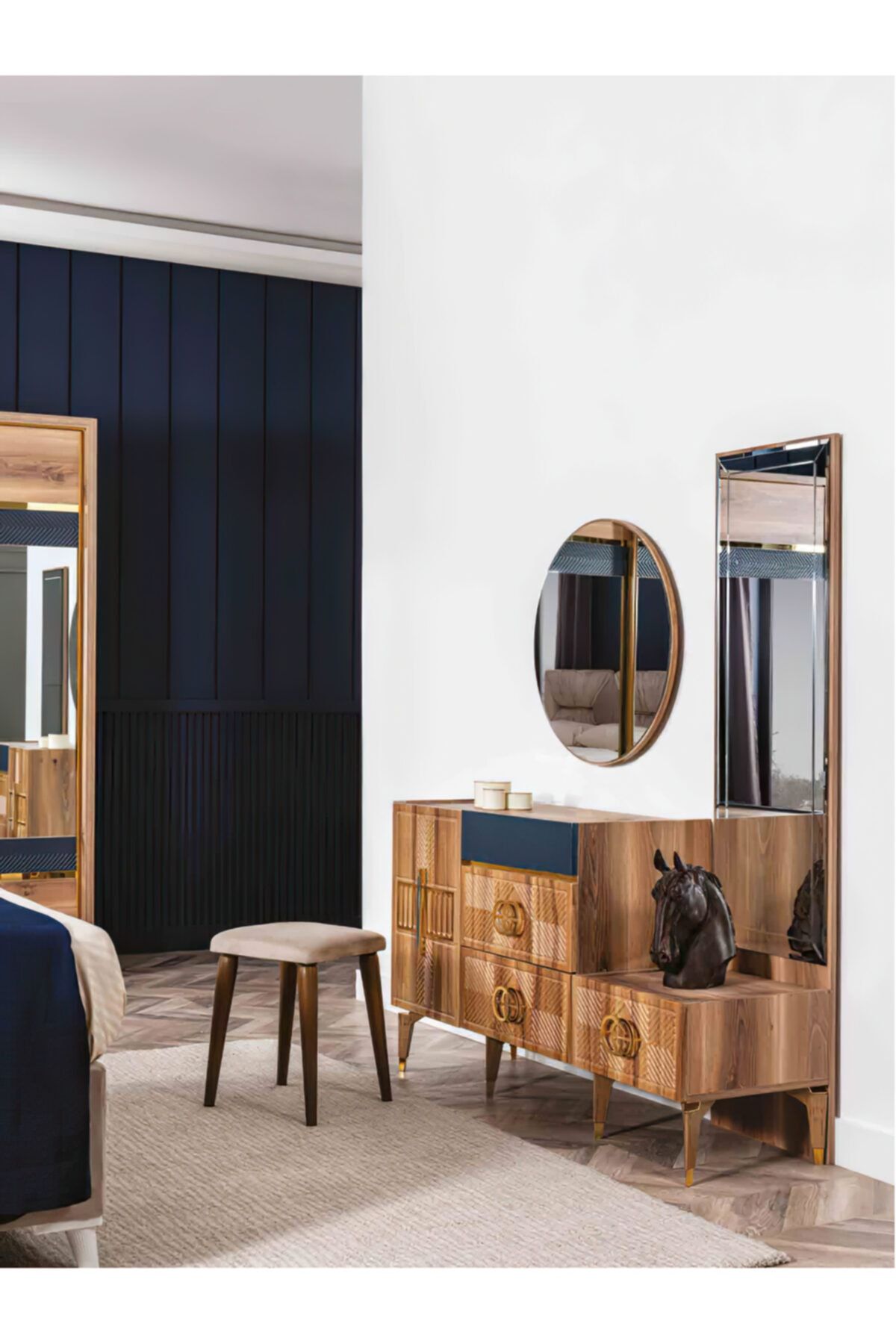 YuyaMobilya Ceviz 4 Çekmece 1 Kapak Model  Mdf Aynalı Şifonyer