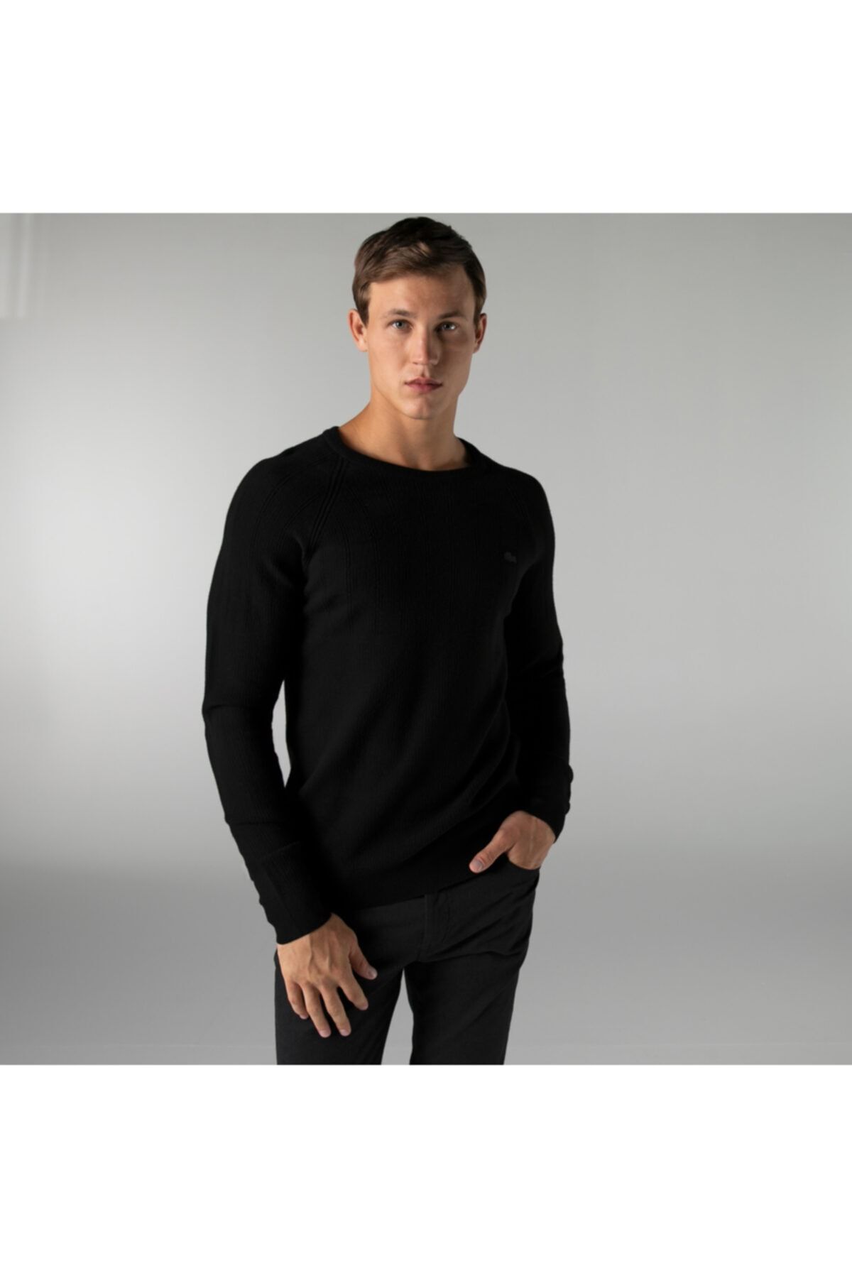 Lacoste Erkek Regular Fit Bisiklet Yaka Desenli Siyah Kazak