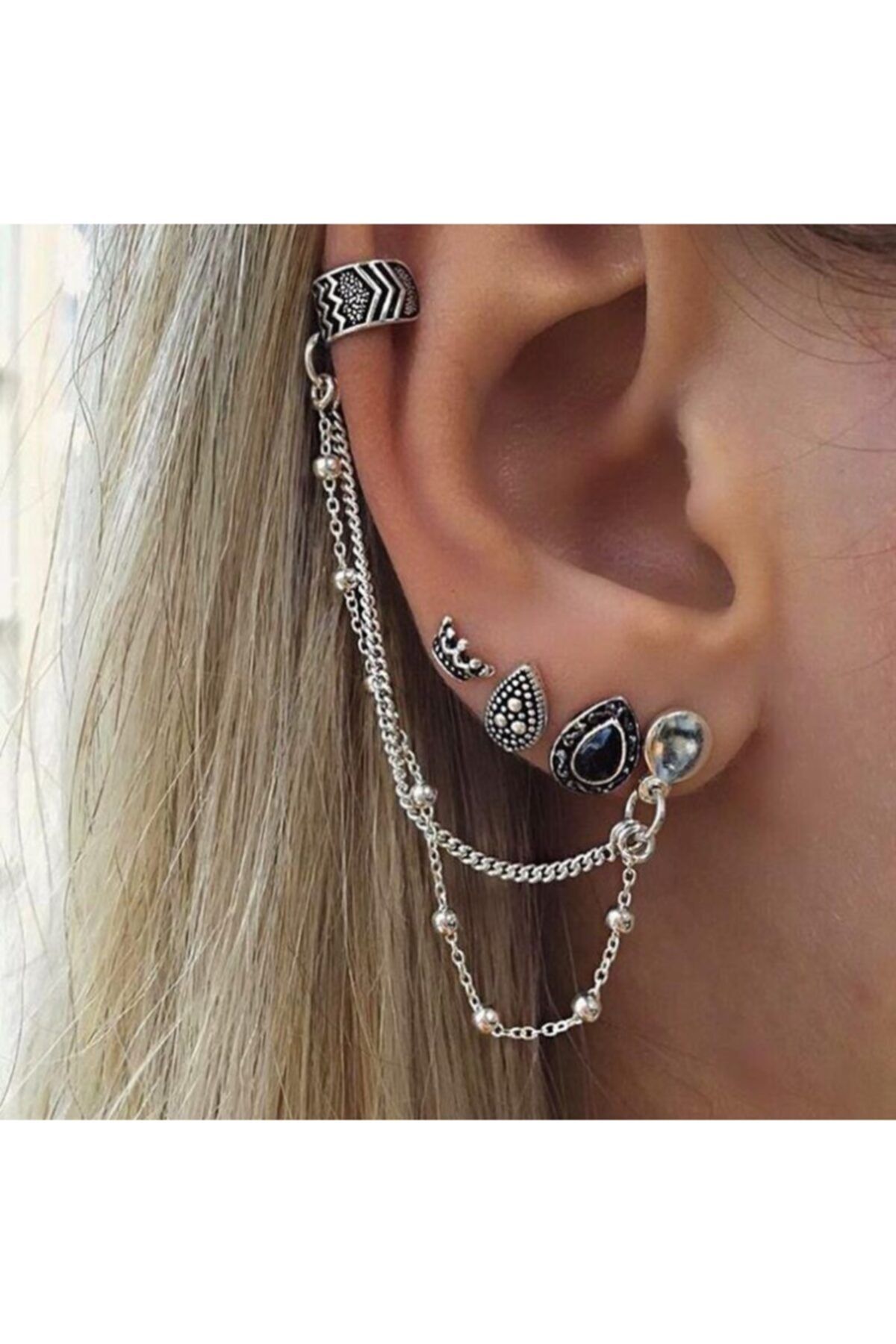 Playseba 4 Adet Antik Gümüş Renk Zincir Detaylı Sıkıştırma Earcuff Ve Küpe Seti