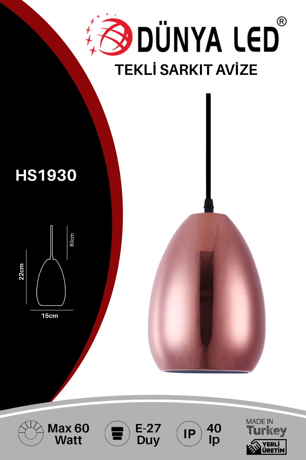 DÜNYA LED Hs.1930 Dekoratif Modern Tekli Sarkıt Avize Rose Gold Salon Cafe Hol Ofis Aydınlatması