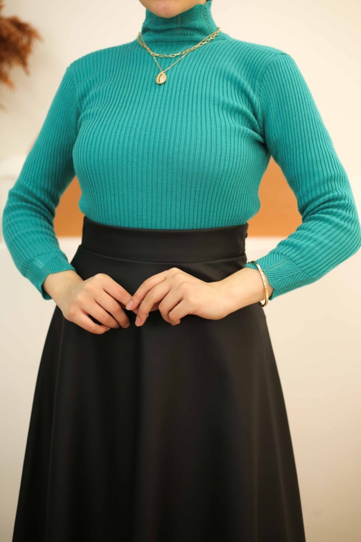 İmajButik Dantelli Yarım Boğaz Triko Kazak/turkuaz