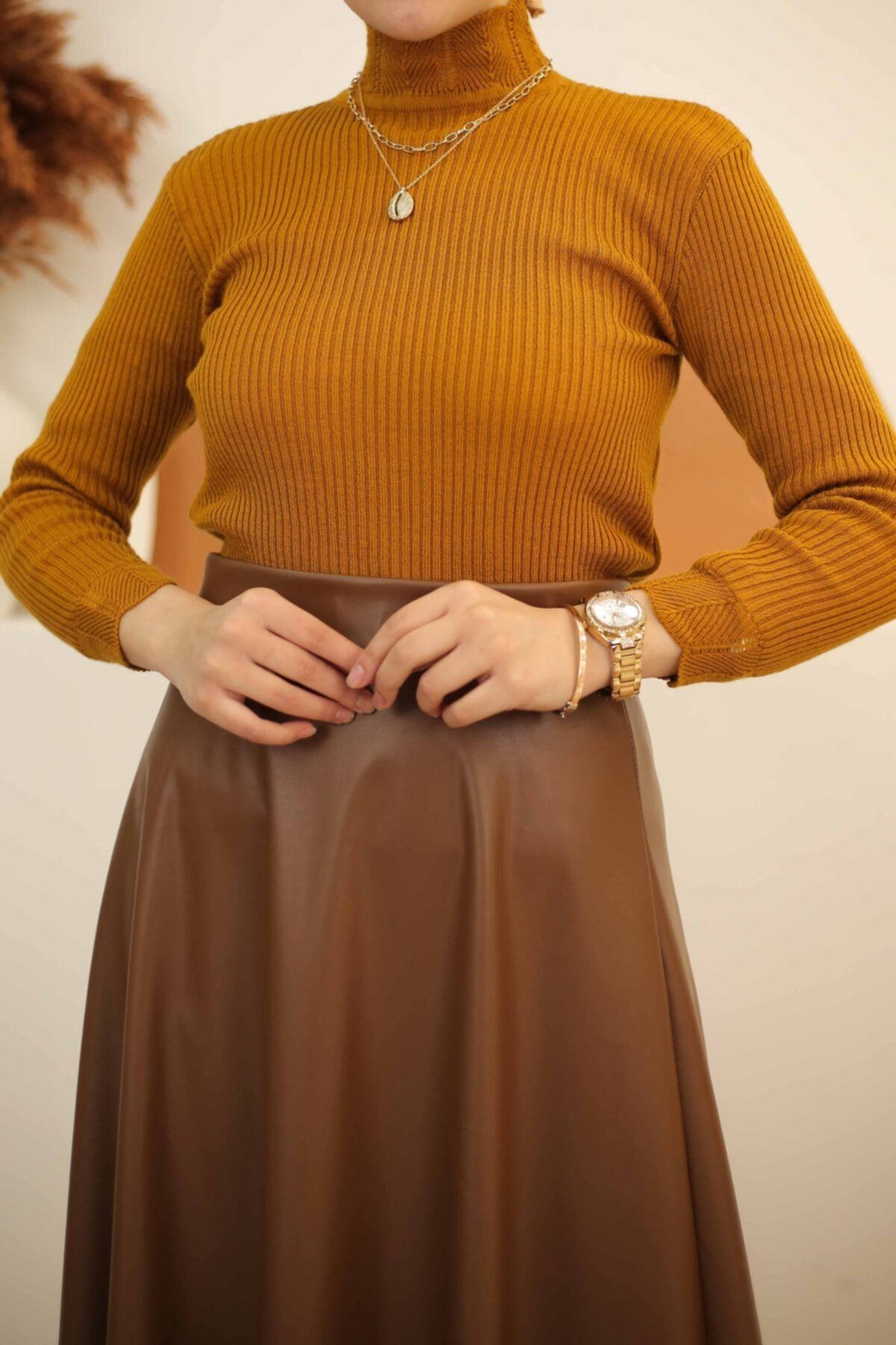 İmajButik Dantelli Yarım Boğaz Triko Kazak/hardal