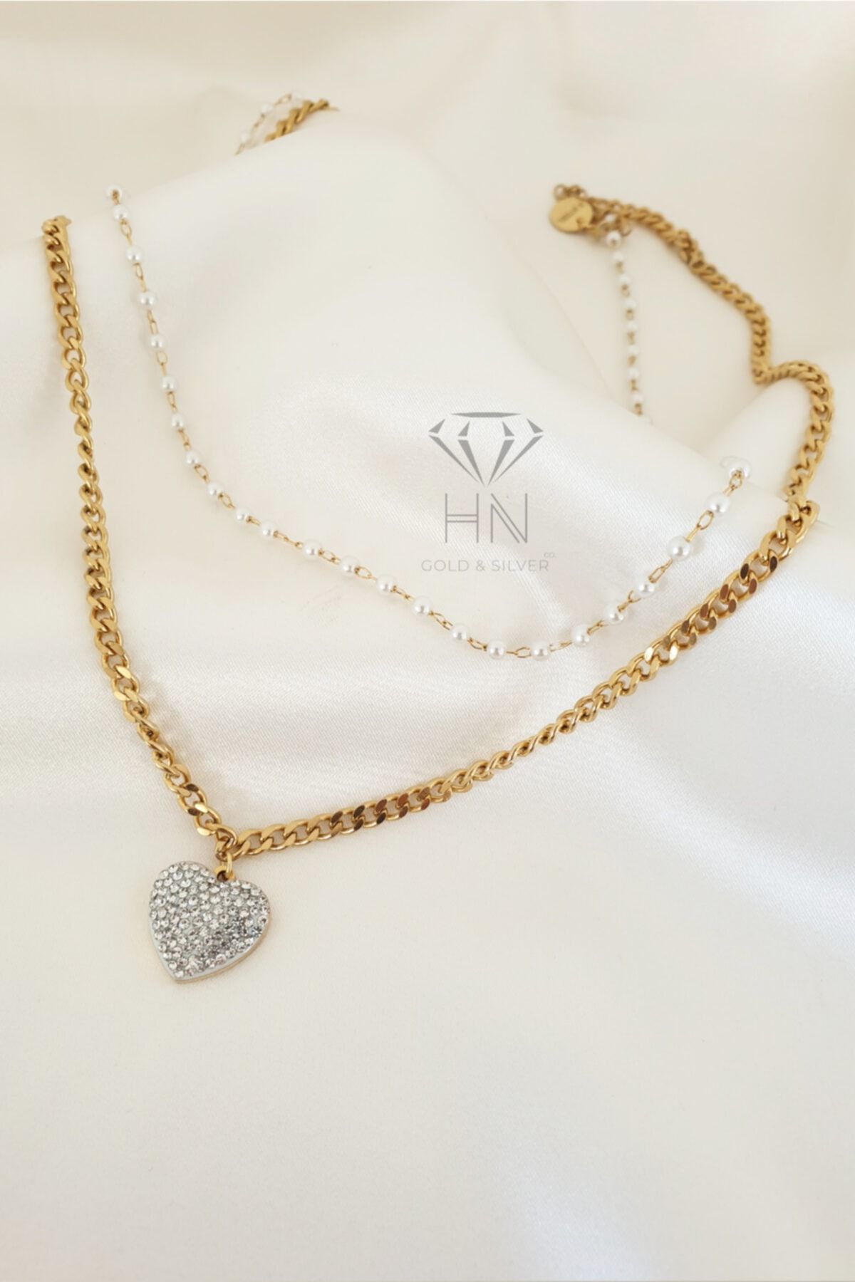 HN Gold & Silver Co. Zirkon Taşlı Kalp Inci Zincirli Celik Kolye