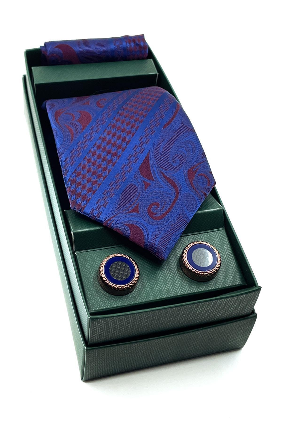 La Pescara Lacivert Mürdüm Mendilli Kravat Kol Düğmesi Seti Os417