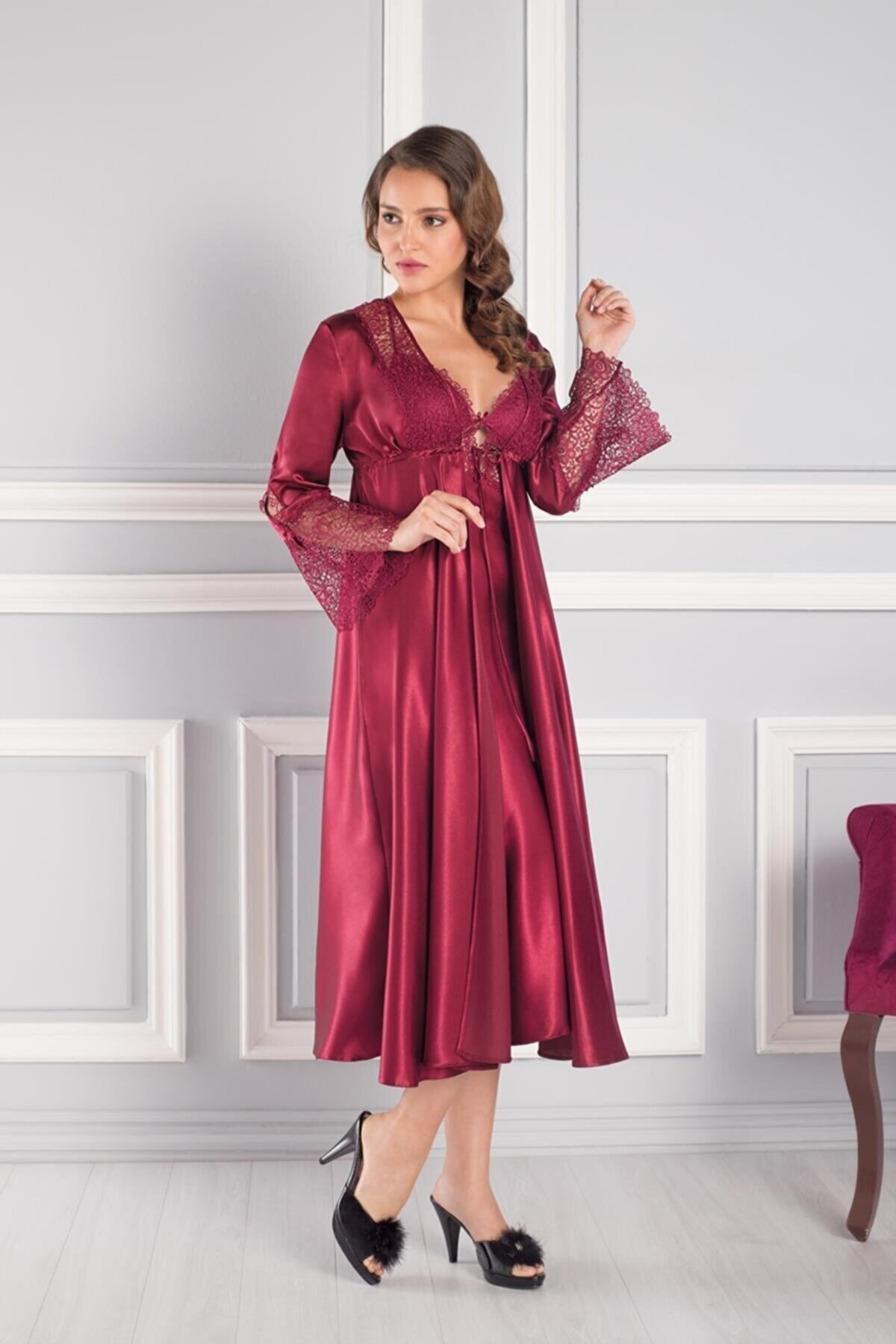Pierre Cardin Kadın Bordo 6 Parça Uzun Saten Gelin Çeyiz Seti