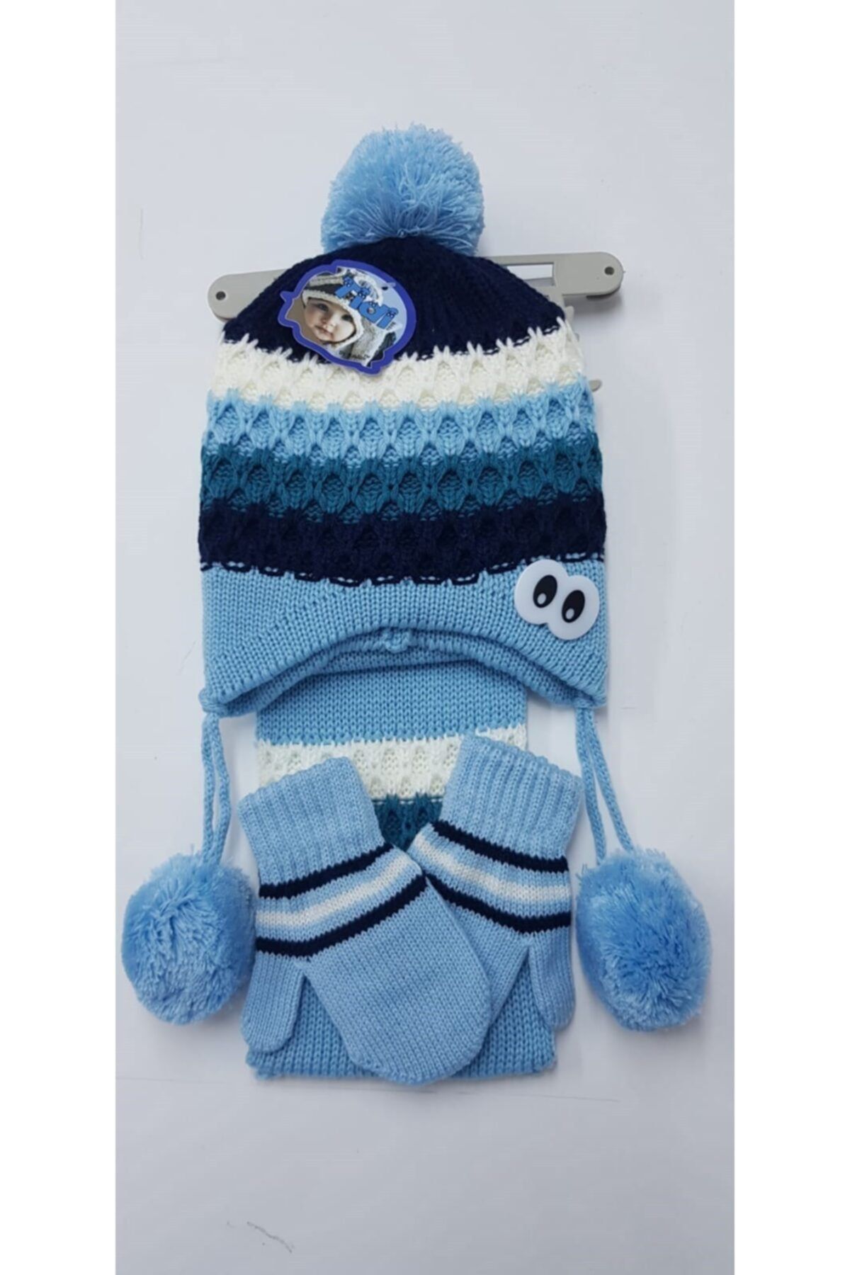 mercantoptan Erkek Cocuk Mavi Atkı Bere Eldiven Set 3'lü