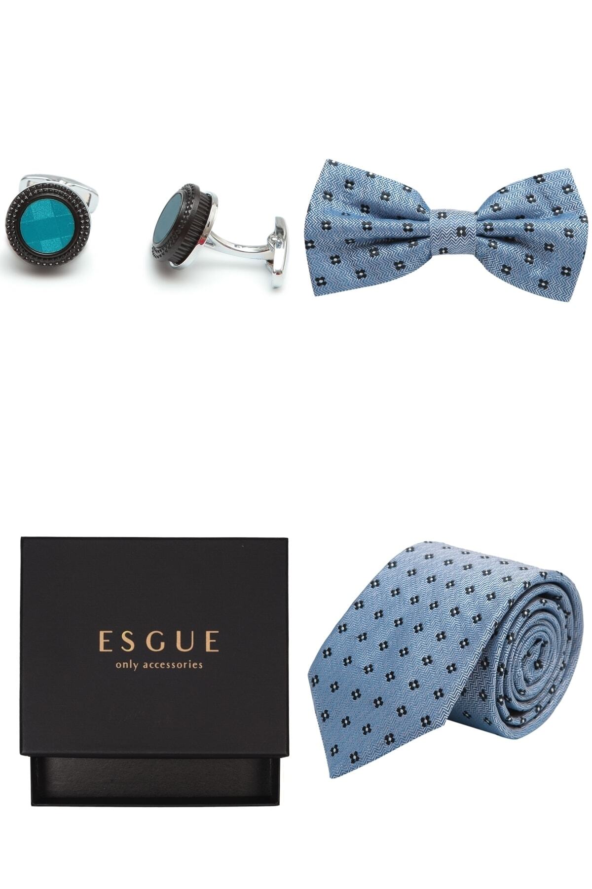 Esgue Erkek Mavi Papyon Kol Düğmesi Kravat Seti