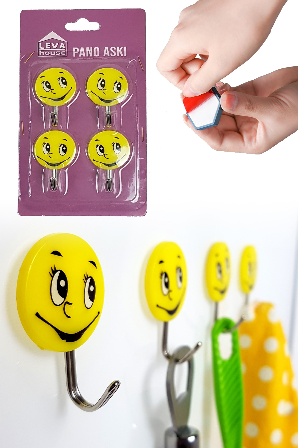 Binbirreyon Pratik Yapışkanlı Duvar Askısı Gülenyüz Emoji 4 Adetli De212