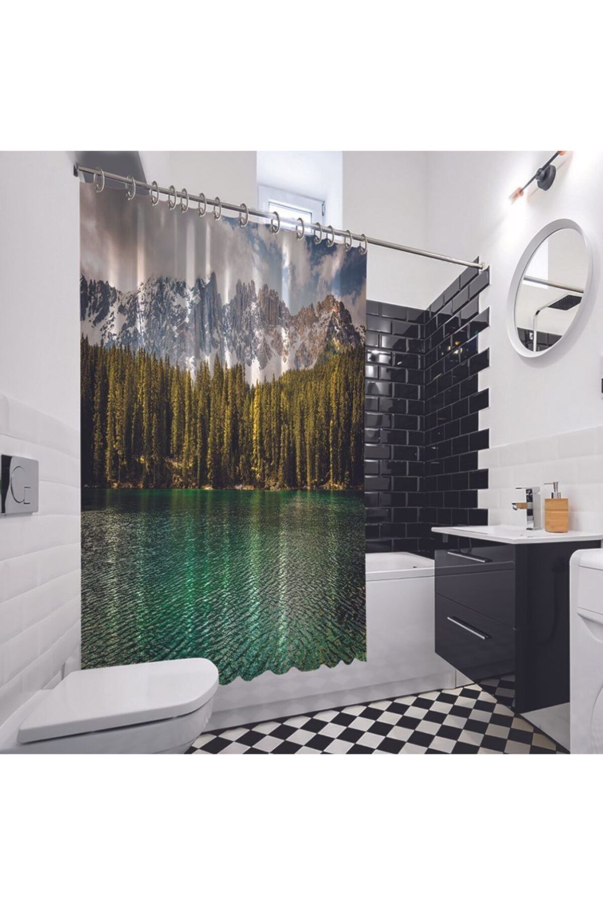 Henge Home Baskılı Duş Perde Alpler Göl Ağaçlar Doğa Manzaralı Mavi Yeşil
