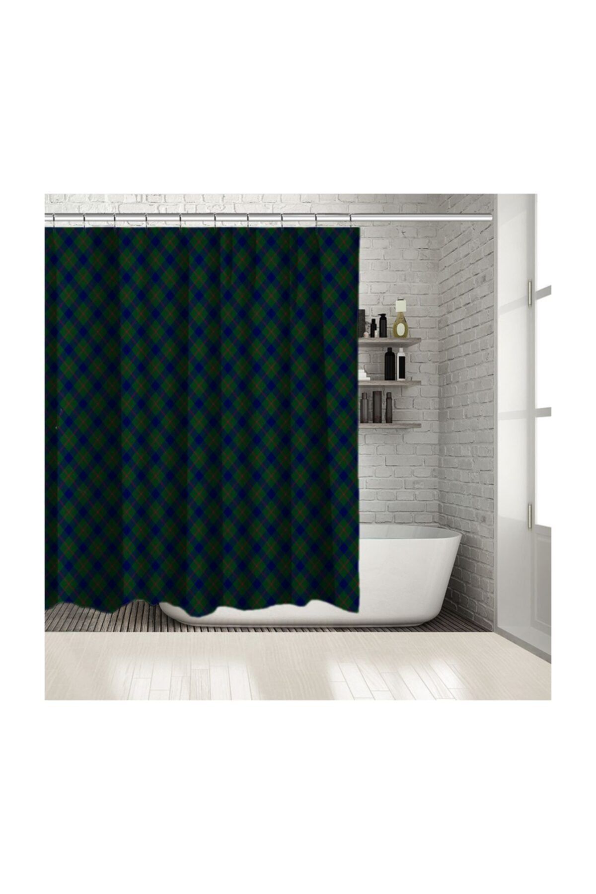 Henge Home Baskılı Duş Perde Koyu Yeşil Saks Kırmızı Renkli Tartan Ekose Desen