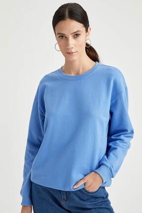 DeFacto Kadın Mavi Yarım D&uuml;ş&uuml;k Omuz Sweatshirt