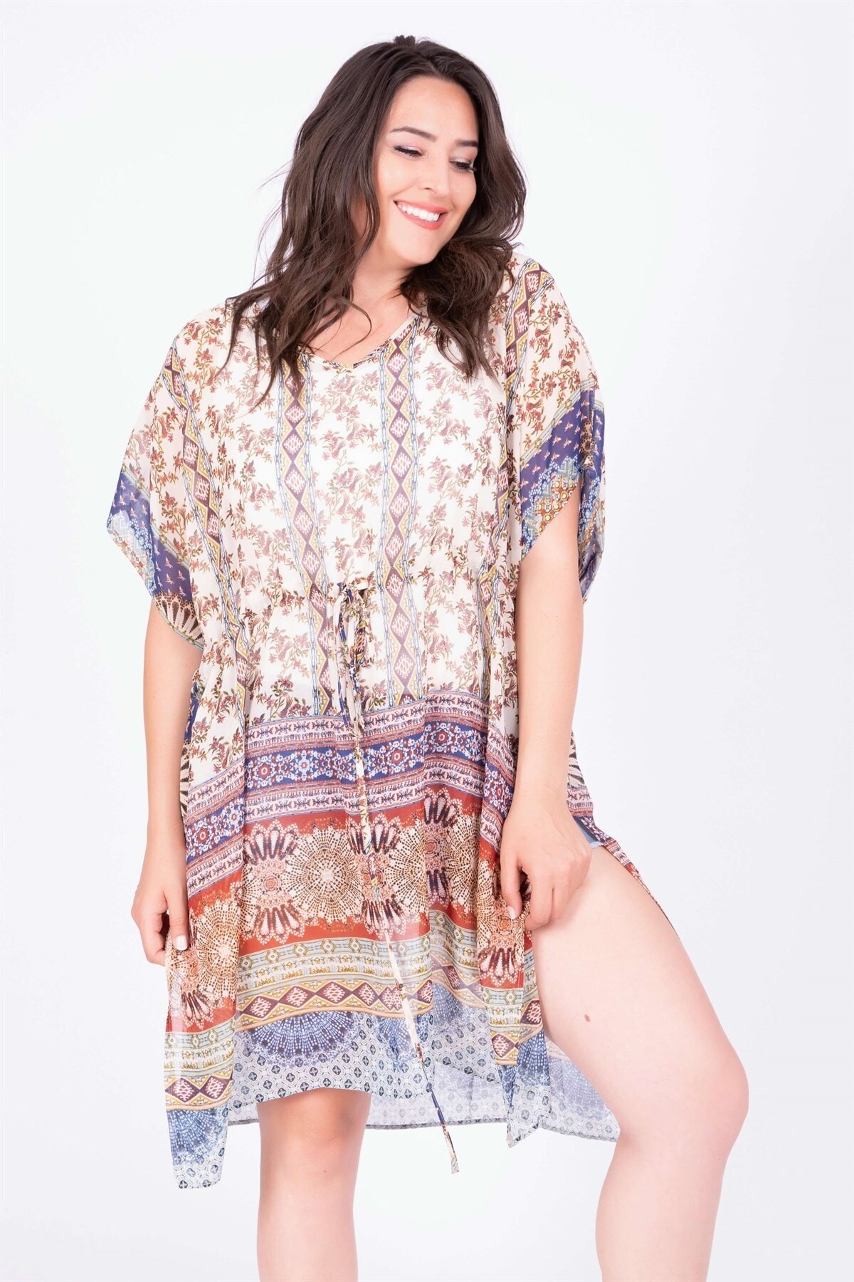 MYLİNE Kadın Ekru Çok Renkli Büzgü Detaylı Kimono 34881