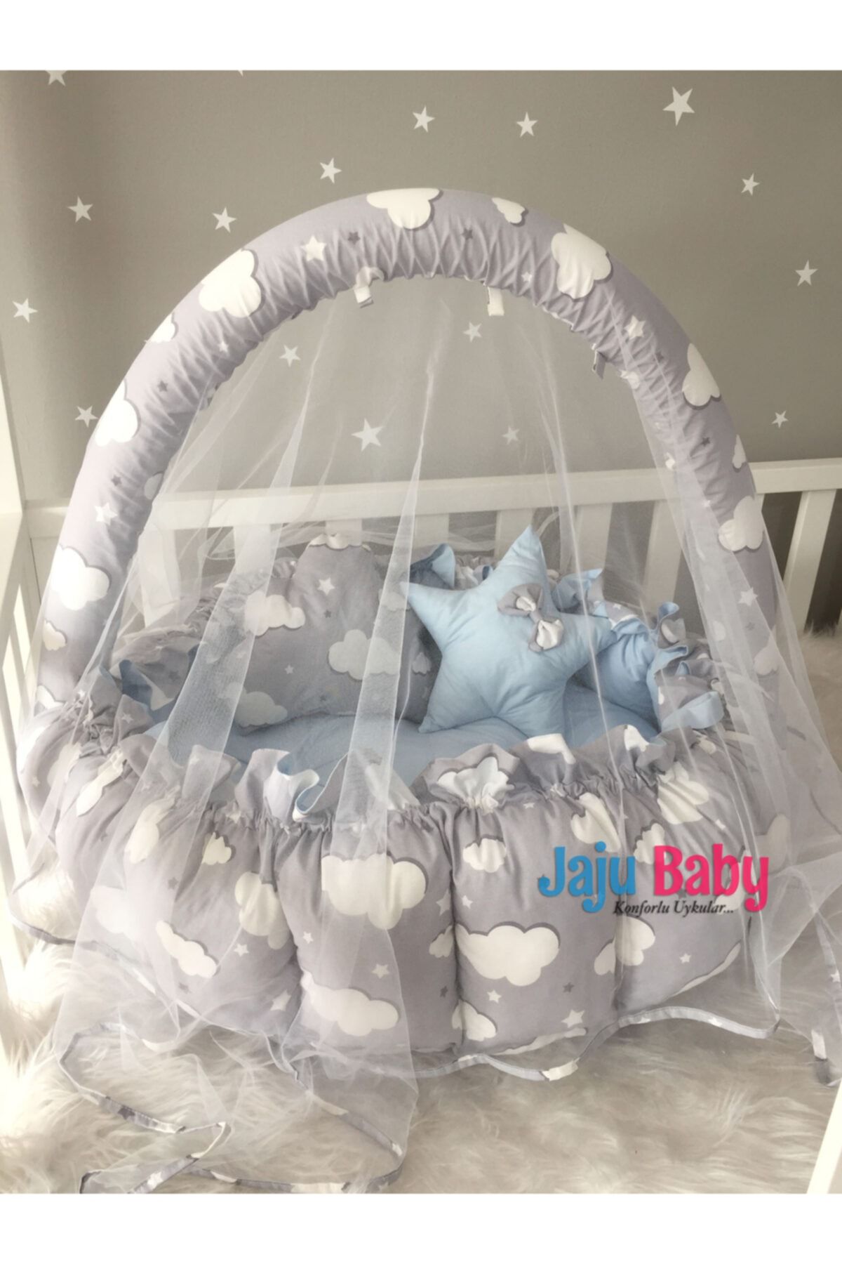Jaju Baby Gri Bulut - Mavi Desenli Tasarım Lüx Oyun Minderi Babynest Cibinlik Tül Oyuncak Aparat Set