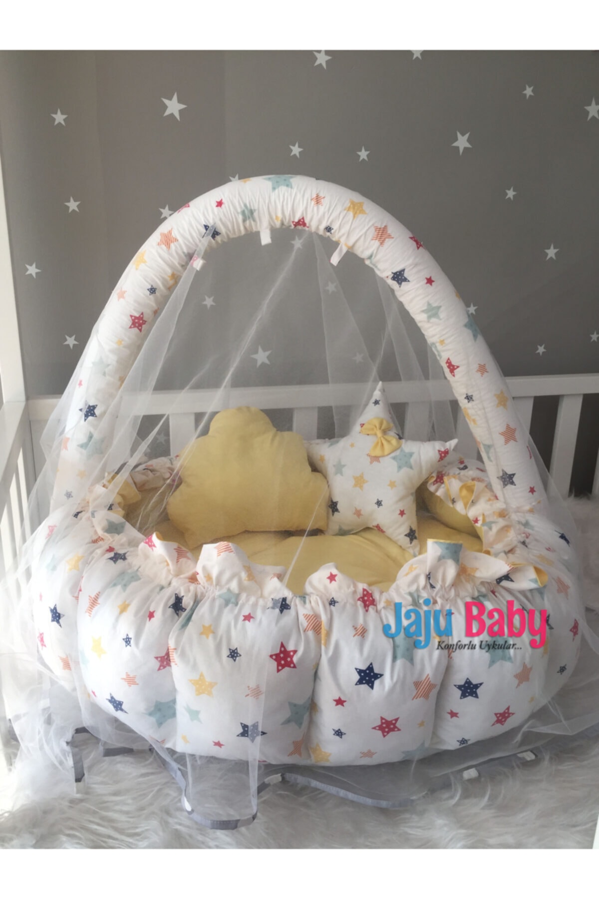 Jaju Baby Sarı Yıldız Desenli Tasarım Lüx Oyun Minderi Babynest Cibinlik Tül Oyuncak Aparat Set
