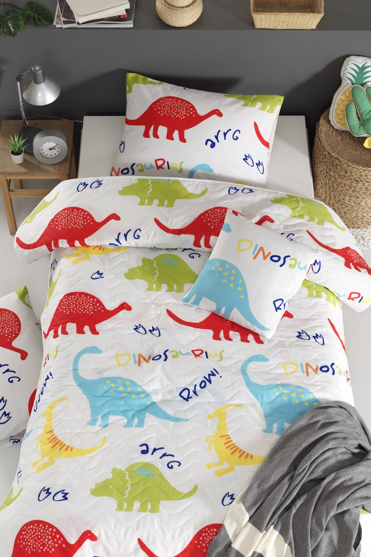 Ev & Ev Home Kapitone Yatak Örtüsü Seti Tek Kişilik Dinazorus Beyaz