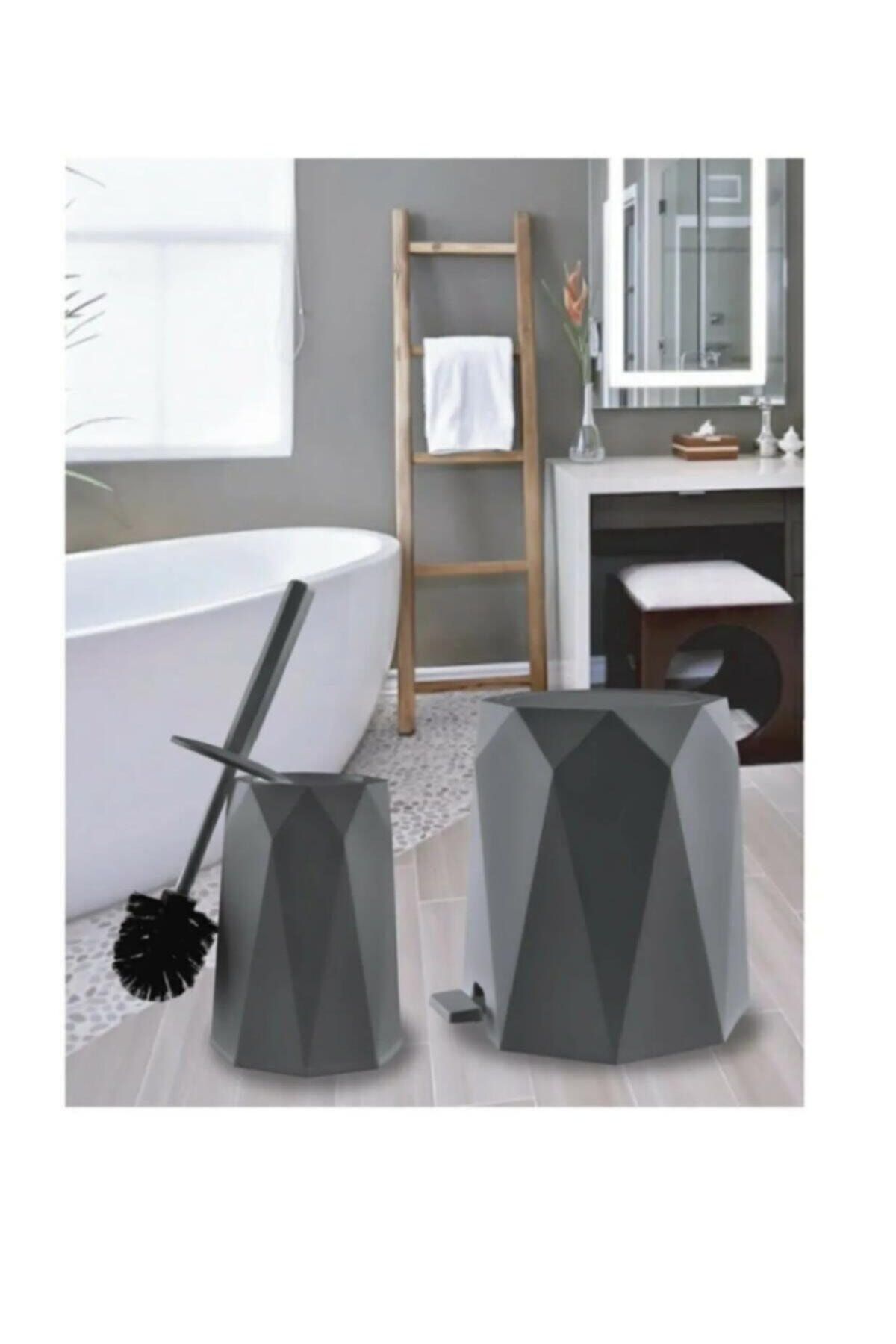 ELEGANT HOME Gri Banyo Seti Çöp Kovası Ve Tuvalet Fırçası 2'li