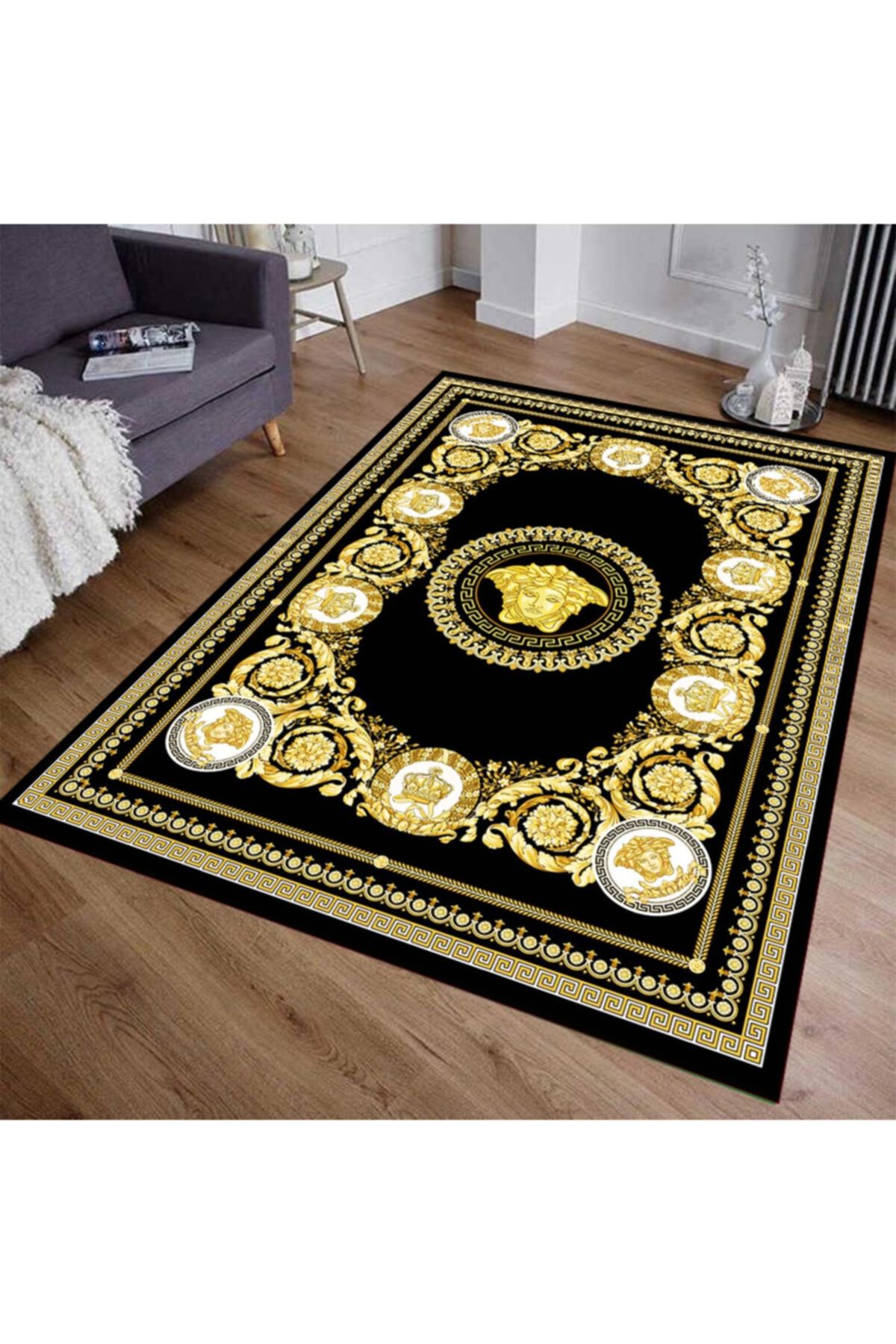 emiroglu siyah medusa motif gold varakli desen versace hali fiyati yorumlari trendyol