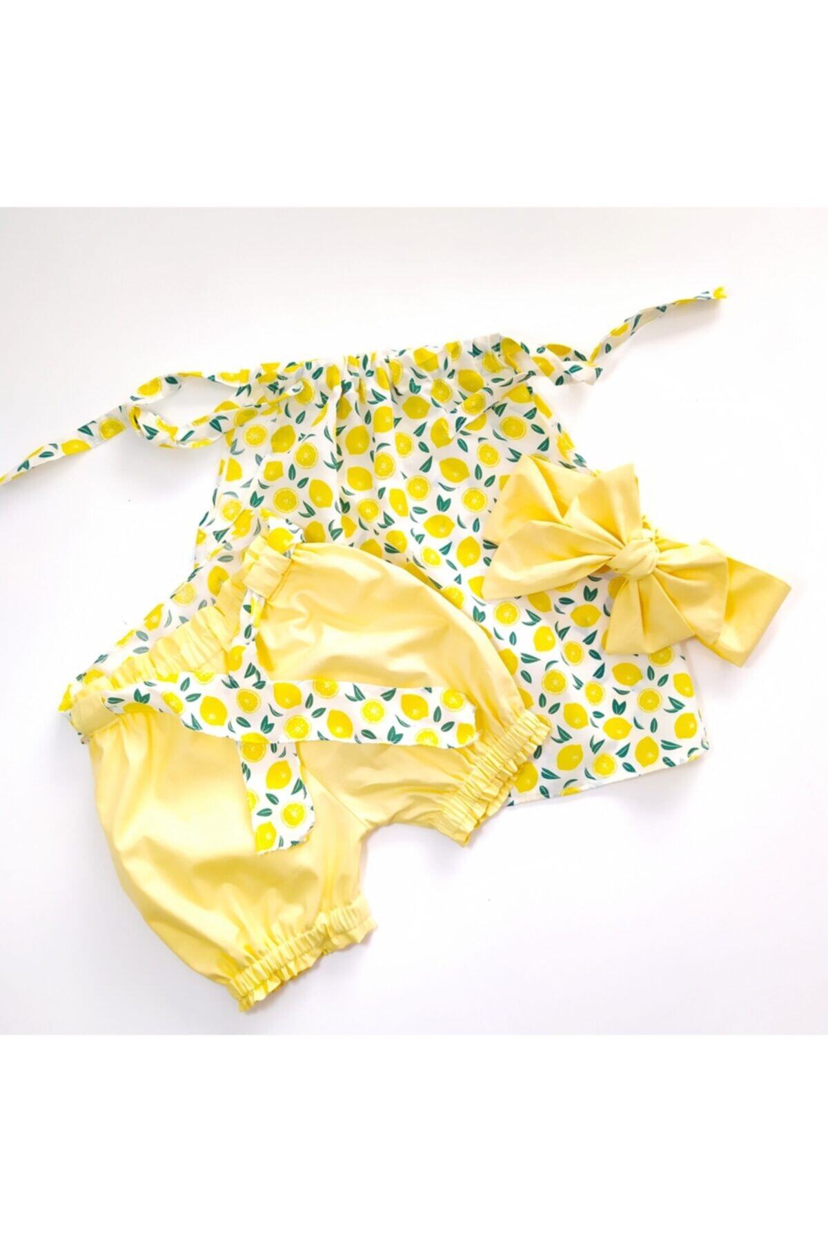AKİF GİYİM Kız Bebek Sarı Şort Bluz Bandana Takımı
