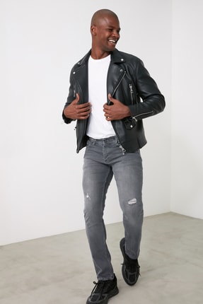 TRENDYOL MAN Antrasit Erkek Destroylu Skinny Fit Jeans TMNAW21JE0762