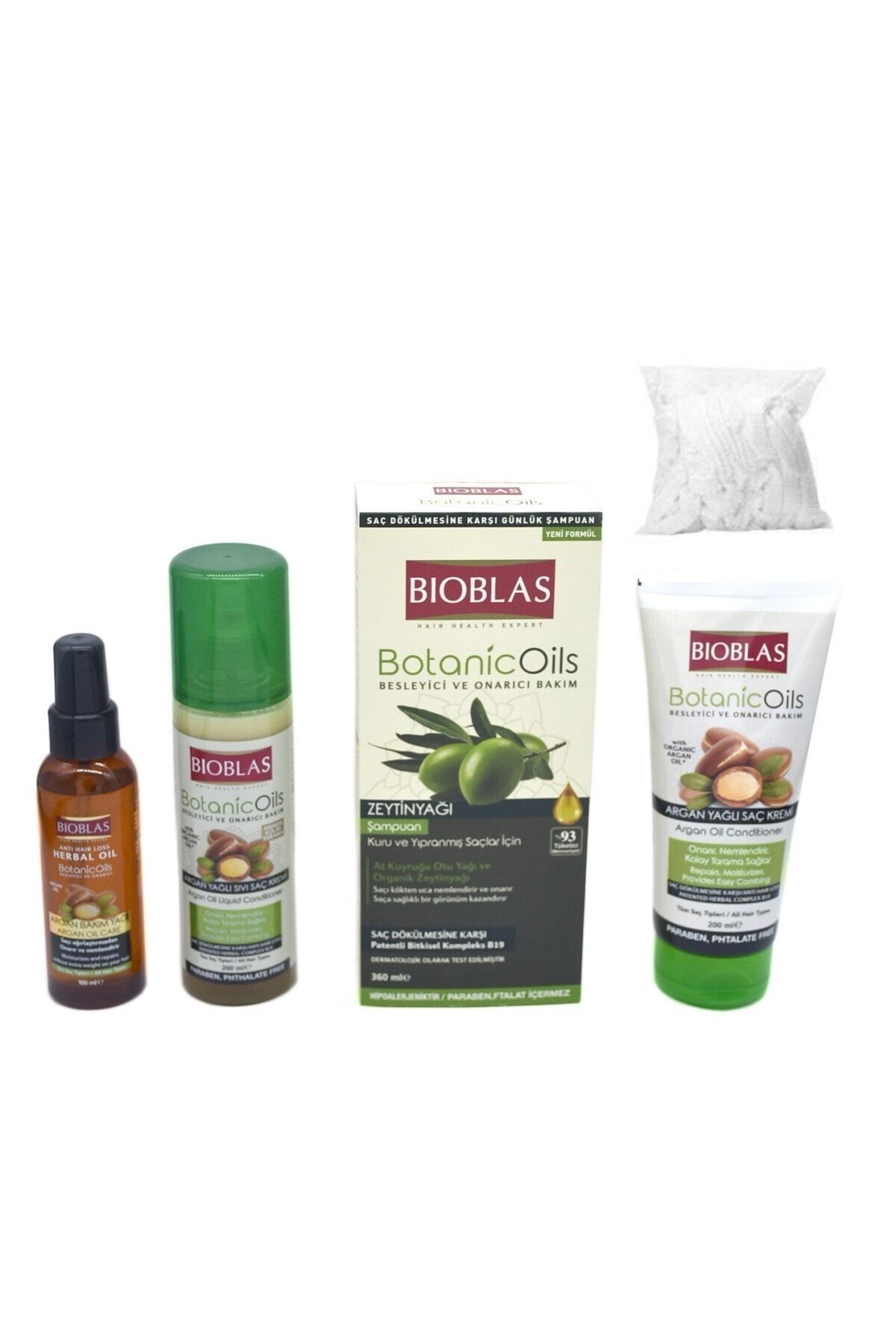 Bioblas 100 Ml Argan Bakım Yağı+200 Ml Sıvı Saç Kremi+360 Ml Zeytinyağlı Şampuan+200 Ml Yağlı Saç Kremi+bone